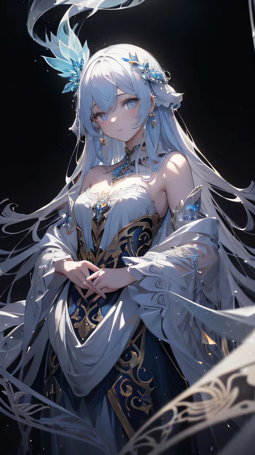 A luminescent ethereal girl, inspired by rococo designs, floats gracefully in a concept art line drawing. The main subject is a glowing figure embodying elegance and otherworldly beauty. The image is a digital painting, meticulously detailed and rich in color. The spirit's flowing gown shimmers with intricate patterns, giving off a soft, ethereal glow that seems to illuminate the darkness around it. The delicate features of its face are serene yet mesmerizing, drawing viewers into a world of enchantment and wonder. The overall composition exudes a sense of unearthly grace and beauty, making it a captivating piece of art.