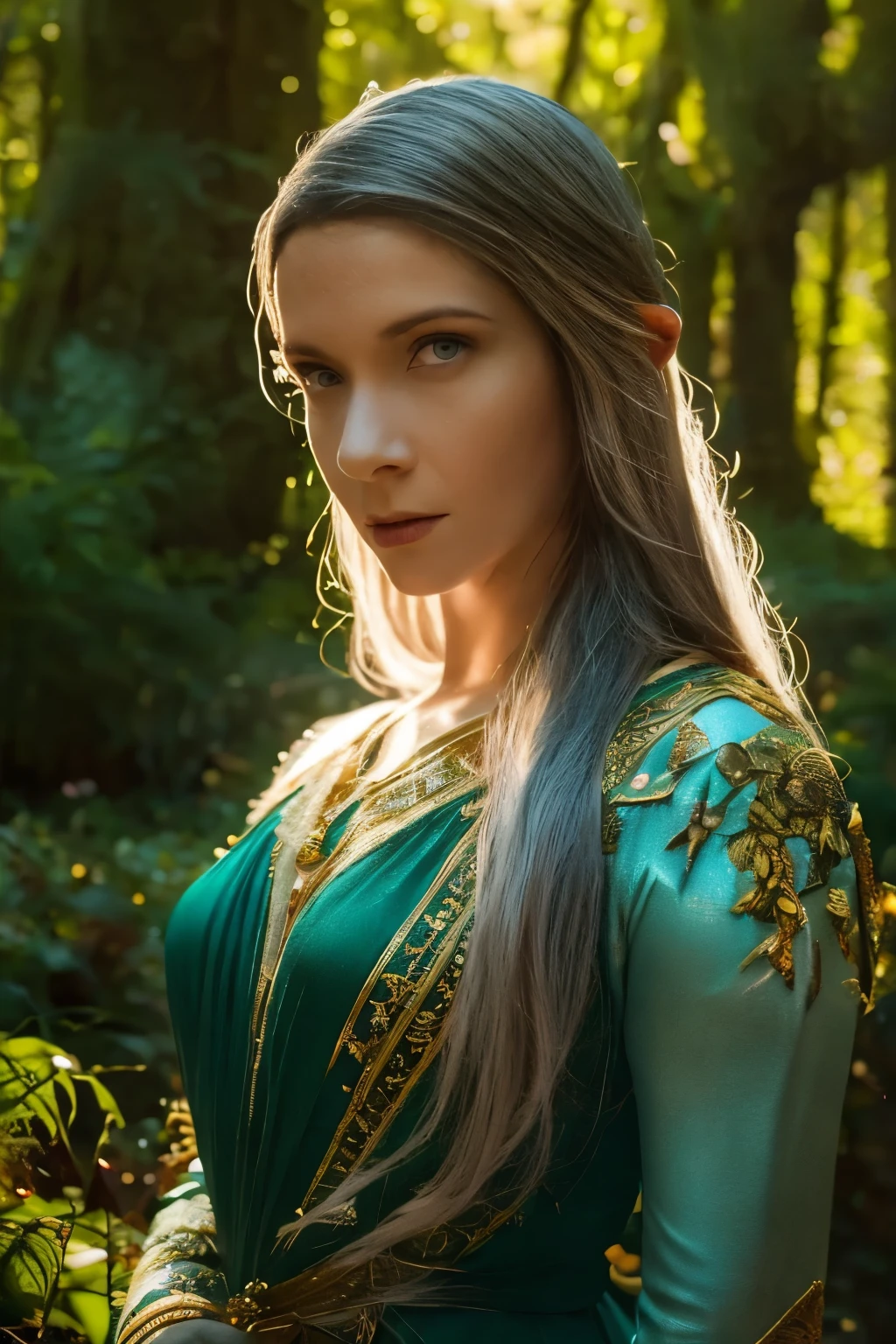 ((close-up face)). Galadriel, a radiant elven queen, standing gracefully in a magical elven forest bathed in soft, ethereal light. She is wearing a flowing green dress adorned with intricate golden embroidery, reminiscent of delicate vines and leaves, perfectly complementing the lush surroundings. Her long, silvery hair cascades over her shoulders, glowing softly in the dappled sunlight filtering through ancient, towering trees. The forest is alive with magical energy, featuring bioluminescent flowers, sparkling streams, and faint, glowing particles floating in the air. Her expression is serene and wise, her piercing eyes reflecting the timeless beauty and wisdom of the elves. The scene is infused with an otherworldly atmosphere, with fine details in the textures of her dress, the bark of the trees, and the vibrant flora. Photorealistic rendering, ultra-high-definition, with dramatic, yet soft lighting highlighting her elegance and the magical ambiance of the forest.