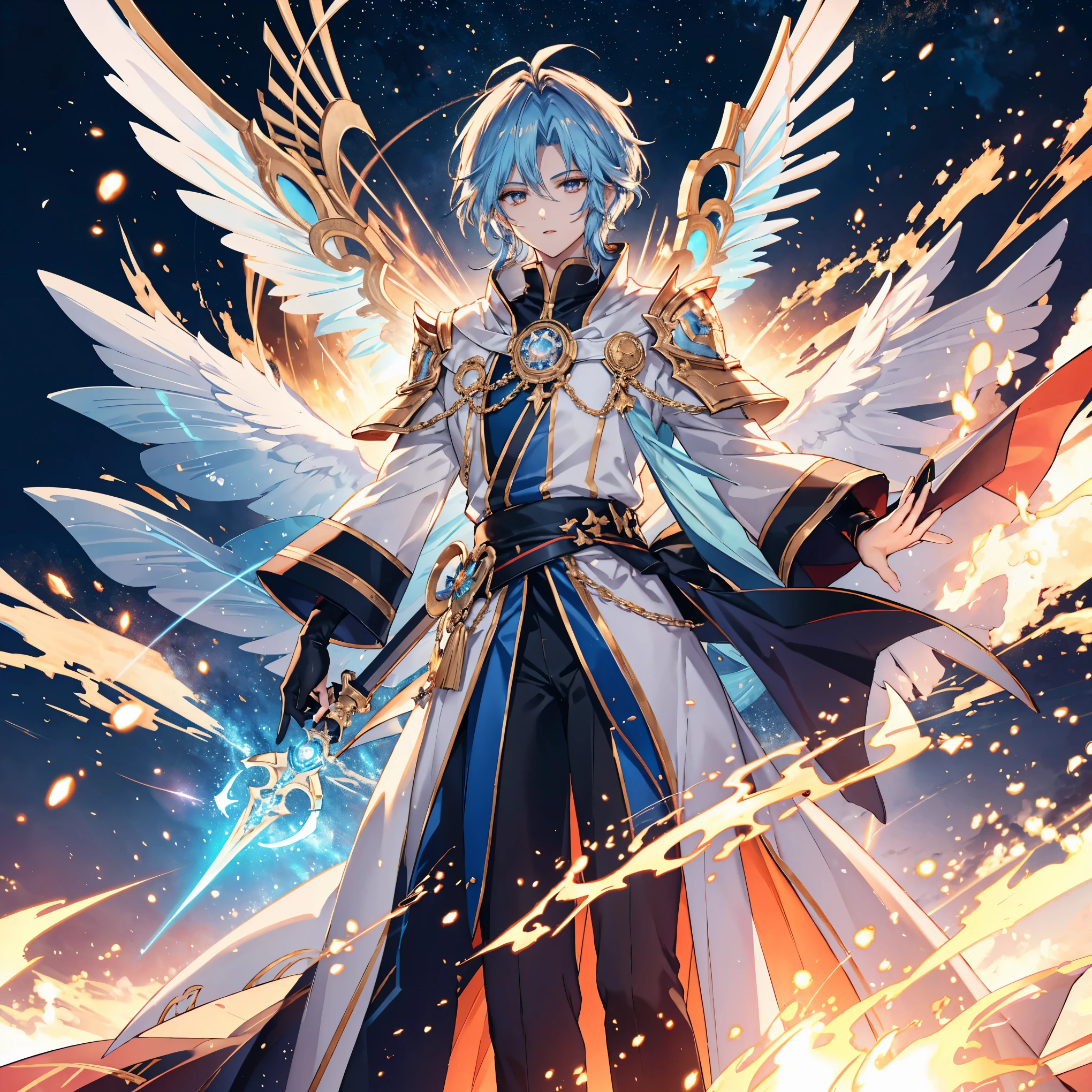 Ethereal battle scene， anime style, a handsome men, celestial high elf-seraph hybrid, 20yo appearance, long starry dark blue hair with golden highlights, iridescent eyes, slender muscular build, 185cm tall, ornate white and gold battle robes, six luminous angel wings spread wide, wielding flaming holy sword "Solar Flare", red-orange flames engulfing blade, star-shaped mark on forehead, pointed ears, standing protectively beside Princess Aria, manipulating cosmic energies, swirling weather patterns in background, dynamic pose, intense lighting, magical aura, highly detailed, 4k resolution,