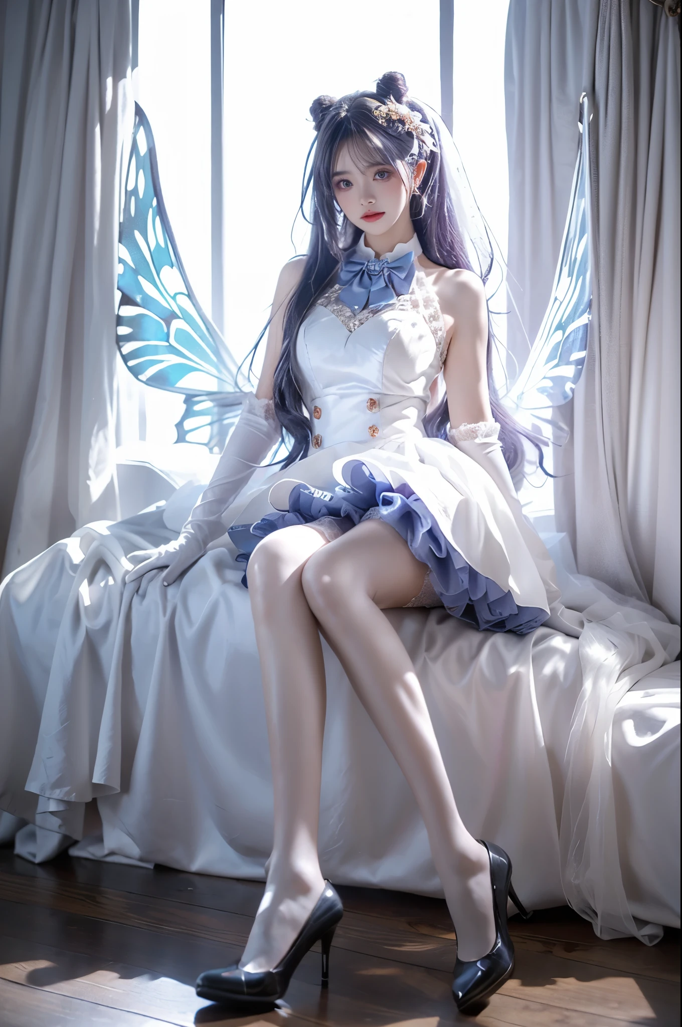 keqing cosplay costume, keqing, cosplay, alternate costume, purple hair, twintails, long hair, hair bun, cone hair bun, dress, white dress, wedding dress, sleeveless dress, frills, lace trim, gloves, white gloves, elbow gloves, bow, bowtie, flower, veil, bridal veil, bride, hair ornament, hair flower, hair ribbon, hair bow, thighhighs, lace-trimmed legwear, frilled thighhighs, white thighhighs, high heels ,, (photorealistic:1.2), beautiful young woman, (full body shot:1.4), elegant pose, sitting on stone bench, (anatomically perfect legs:1.4), (long slender legs:1.3), (graceful leg posture:1.2), elegant crossed legs, smooth knee definition, natural ankle position, (proper leg proportions:1.3), realistic leg muscles, perfect calf shape, (dark moody atmosphere:1.3), (rococo style:1.1), soft pastel colors, (plasma blue flames:1.2), (glowing butterflies:1.2), ethereal lighting, surreal elements, cinematic composition, intricate details, high fashion, flowing dress, perfect symmetry, studio lighting, high quality, masterpiece, 8k uhd, ornate details, dramatic shadows, rule of thirds composition,natural leg joints, correct knee placement, proper thigh length, anatomically correct ankles, realistic leg curvature, perfect leg symmetry, fashion model legs, professional leg pose, runway model proportions,wide shot, full figure, clear view, high-end fashion photography, professional photography, perfect composition, golden ratio