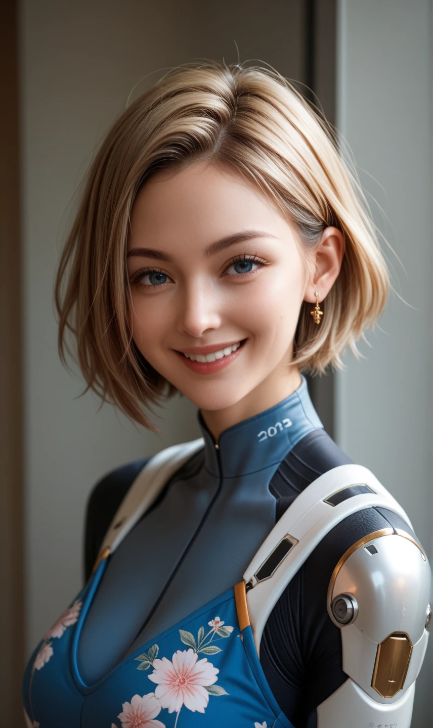 207 Short Hair, 20 year old female, Floral, gentle smile, futuristic clothes, mechanical suit