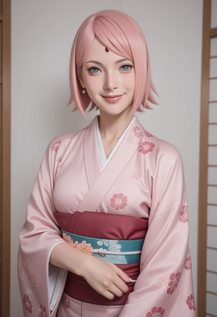 Beautiful sakura haruno wearing kimono piyama hot pants before sleep in the night smile sexy pose sexyy pink short hair