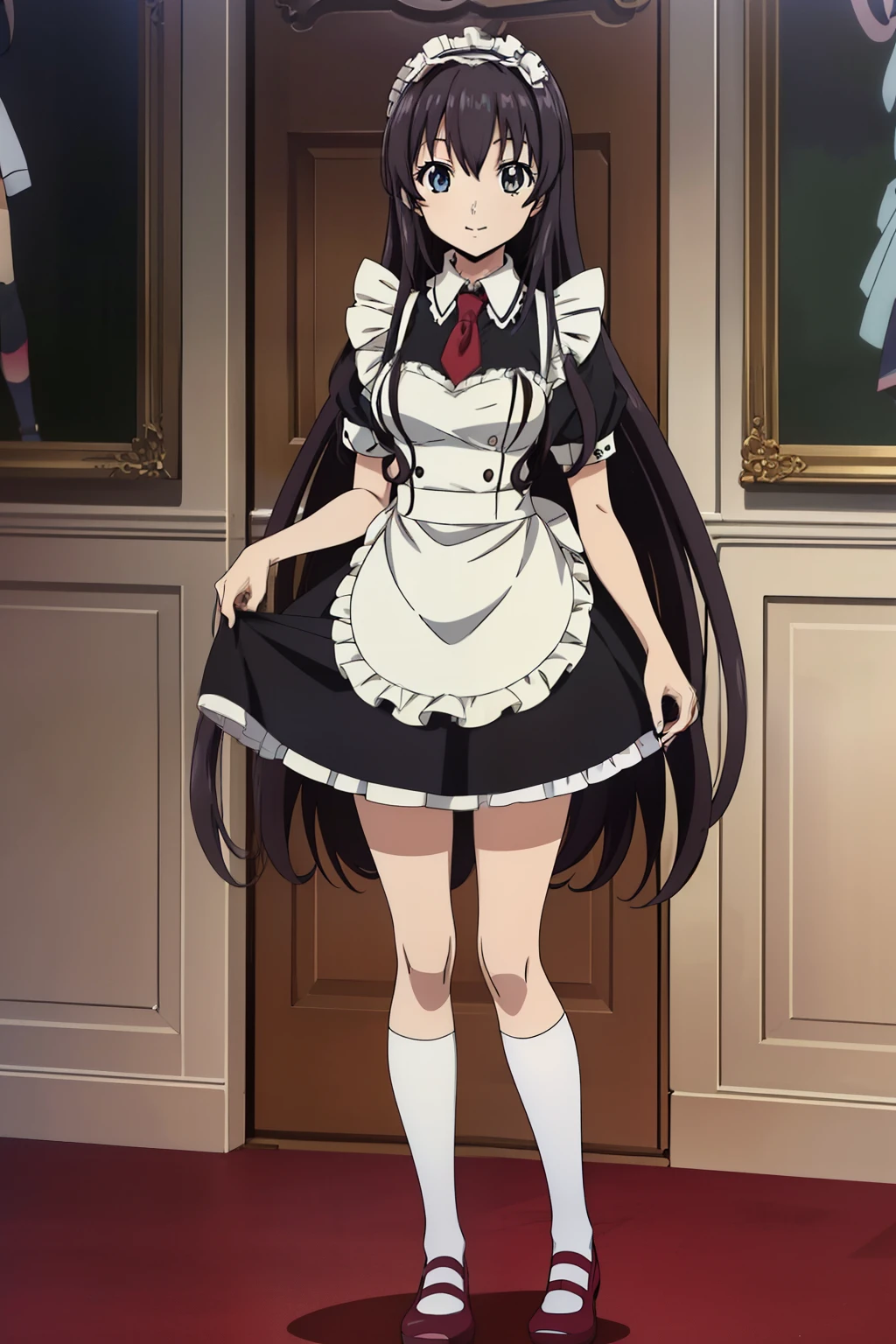 1 girl, cute, black hair, long hair, 髪band, ((lift up skirt)), ((knee-high socks)), ((smile)), (Gothic coffee shop), ((maid)), (anime cels style, Masterpiece, best quality, high resolution, anime colored, megami magazine:1.2, anime poster style, anime keyvisual, sharp, 8k, photorealistic), beautiful eyes