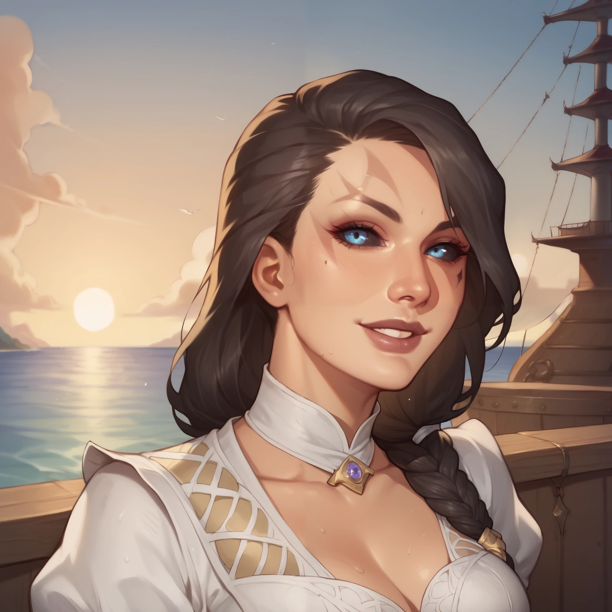 (((beautiful, high quality, comics style, detailed face))), score_9, score_8_up, score_7_up, BREAK, fantasy, female, ashrah, black sclera, ((facial marks)), seductive, smile, (dressed like a Sexy pirate, White Shirt, Long puffy sleeves), female focus, solo:1.4, portrait, upper body, portrait, looking at the viewer, Outside, Huge Ocean in Background, Huge pirate Ship, fantasy, sun on top picture, blurred background, Expressiveh, detailxl