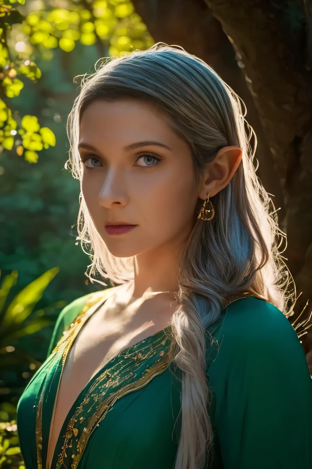 ((close-up face)). Galadriel, a radiant elven queen, standing gracefully in a magical elven forest bathed in soft, ethereal light. She is wearing a flowing green dress adorned with intricate golden embroidery, reminiscent of delicate vines and leaves, perfectly complementing the lush surroundings. Her long, silvery hair cascades over her shoulders, glowing softly in the dappled sunlight filtering through ancient, towering trees. The forest is alive with magical energy, featuring bioluminescent flowers, sparkling streams, and faint, glowing particles floating in the air. Her expression is serene and wise, her piercing eyes reflecting the timeless beauty and wisdom of the elves. The scene is infused with an otherworldly atmosphere, with fine details in the textures of her dress, the bark of the trees, and the vibrant flora. Photorealistic rendering, ultra-high-definition, with dramatic, yet soft lighting highlighting her elegance and the magical ambiance of the forest.