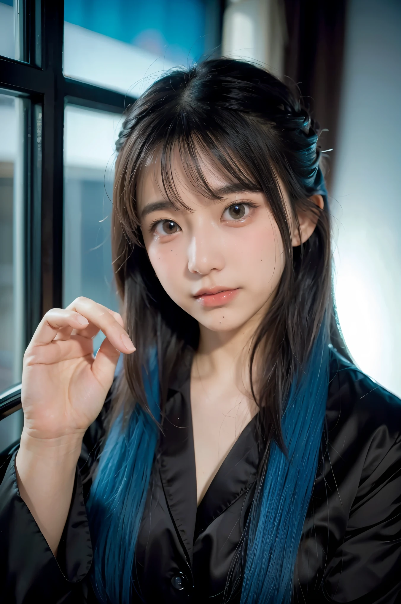 improve hand with 5 well-defined fingers, black gloves, long hair, mysterious eyes, Shiny mysterious light blue hair, mysterious eyes, shining pupils, girl, small smile, glowing sky blue eyes, Japanese cityscape, Pajamas