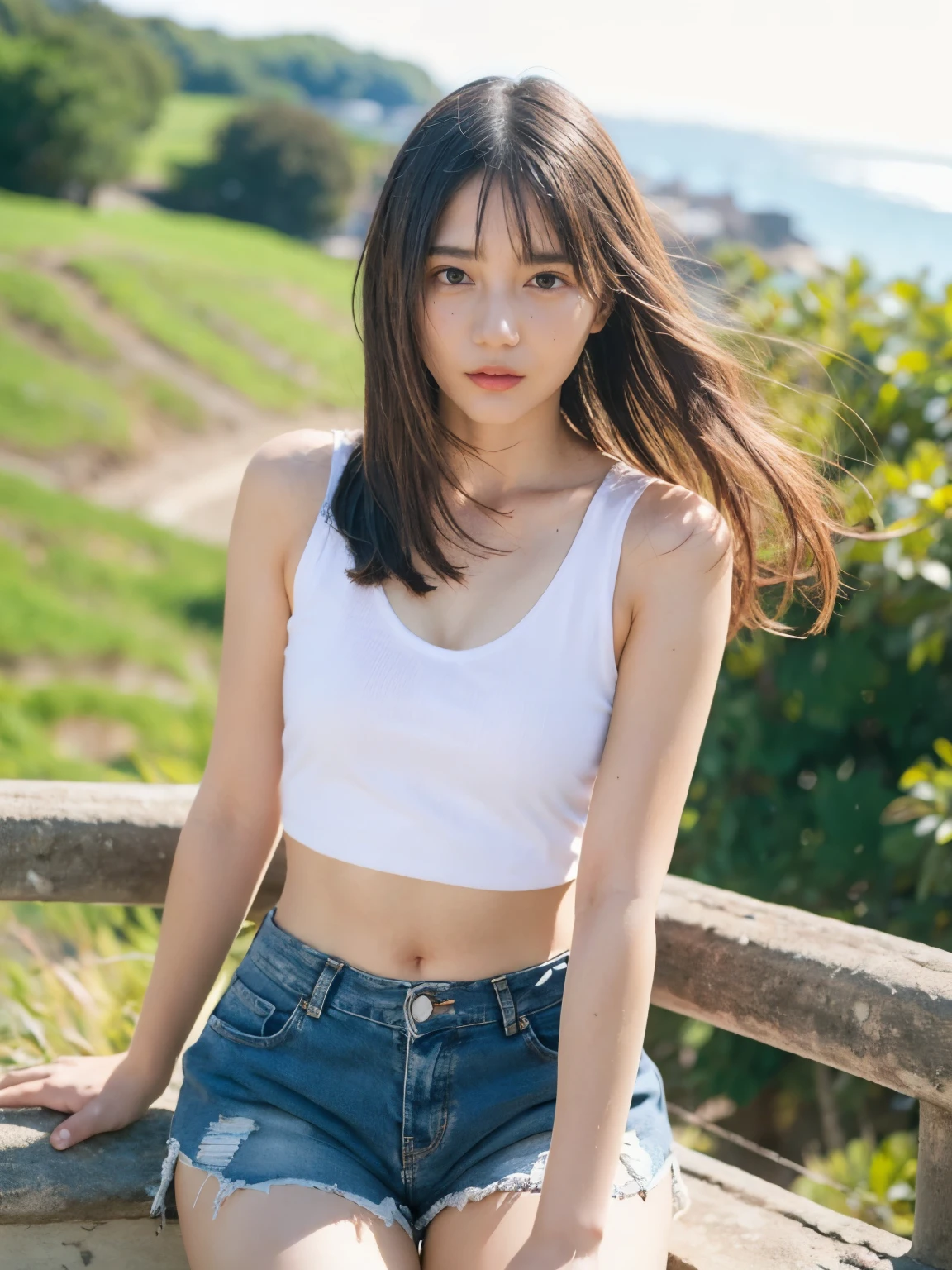 { A young girl is standing by a cliff overlooking the ocean..   forest setting  , Attractive.  She is wearing a white tank top.,  and denim shorts .  Her singlet is short., I can see her stomach.  Her denim shorts are small at the waist., and short.  She has beautiful long brown hair.,  beautiful hazel eyes .  There is a railing near the edge of the cliff..  The cliff overlooks the ocean..  There are bushes near the girl., but、 There is also a dirt road where she is.. The sun is setting ,  There are some clouds near the sun in the distant background..  There are seagulls flying near her., but、Distance is far away. There is a wind blowing.,  And her hair is flowing in the wind.}, { top quality}, {{  Masterpiece  }}, { high definition }, {{{8k}}},  highly detailed girl , {{{Caucasian skin}}}, {{{ detailed face }}}, {photo-realism}, {{  perfect anatomy sitting on a penis }},  sharp concentration, {{{  characters{ 1 girl}}}}, Alone, {{{{{ sharp concentration}}}}}, {{{Detailed Fabric Texture}}}, {{{ Fine skin texture }}}, {{{Smooth lighting}}}, {{Australian}}, {{18-year-old girl}},