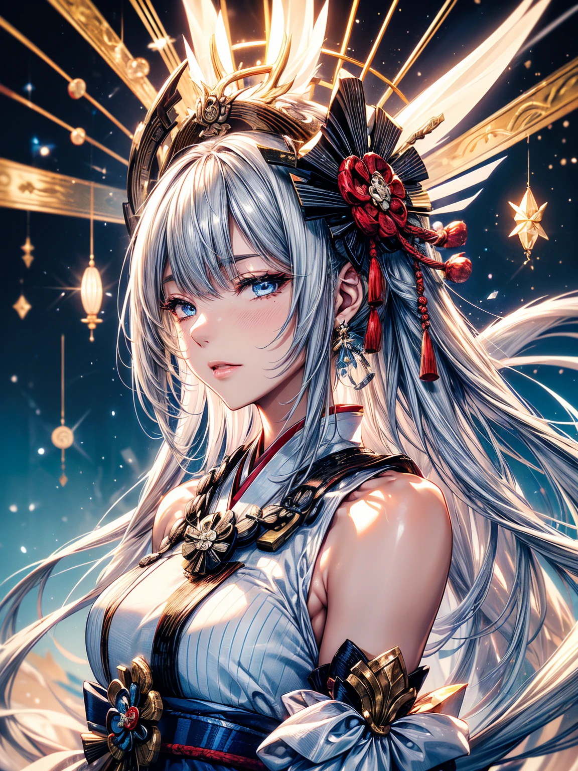 (Ultra-delicate), (Be focused), (high resolution), (((Silver hair with gradient stripes and light blue tail))), One, Cute beauty face, alone, Fine facial textures, ((Light blue eyes)), thin eyebrows, long upper eyelashes, Double eyelids, Upper Eye, (super detailed eyes), Sexy lips, lip details, White skin, Delicate skin, Deformed depth of field blurred background, (Detailed background), Perfect layer cut, (full-body shot/Cowboy shooting/side view), wallpaper, Shimmer, complicated, familiar, ((Onmyoji)), particle, constellation, Stardust, Pentagram, God formula, (((Talisman))), mysterious, peaceful, Japan, Black, White Kimono, Fortune Telling, time and space, incantations, ((Yin Yang Liao)), ((Japan宮廷)), Artistic, 8k