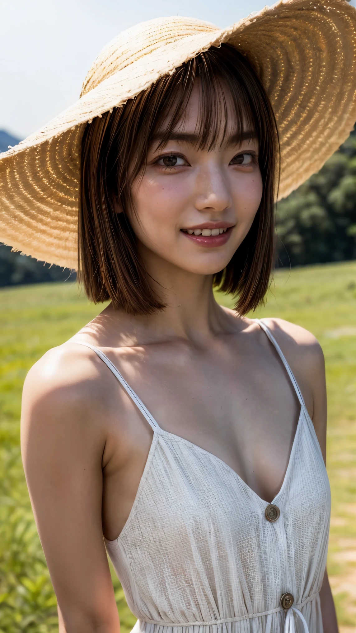 (nsfw),(censored turn off),(realistic, photo-realistic :1.37), (best quality, masterpiece:1.2), 8k, RAW photo, high resolution photograph, extremely detailed, intricate details, sharp details, sharp focus, (portrait, frontal photography), solo, 1girl, (flat chest, sundress, sunhat:1.2), ((big smile)), detailed face, detailed eyes, beautiful pupils, sophisticated nose, pale skin, fine-textured skin, collarbone, bare shoulders, (arms behind back), outdoors, magic hour, sunset, [Rei Ozono]