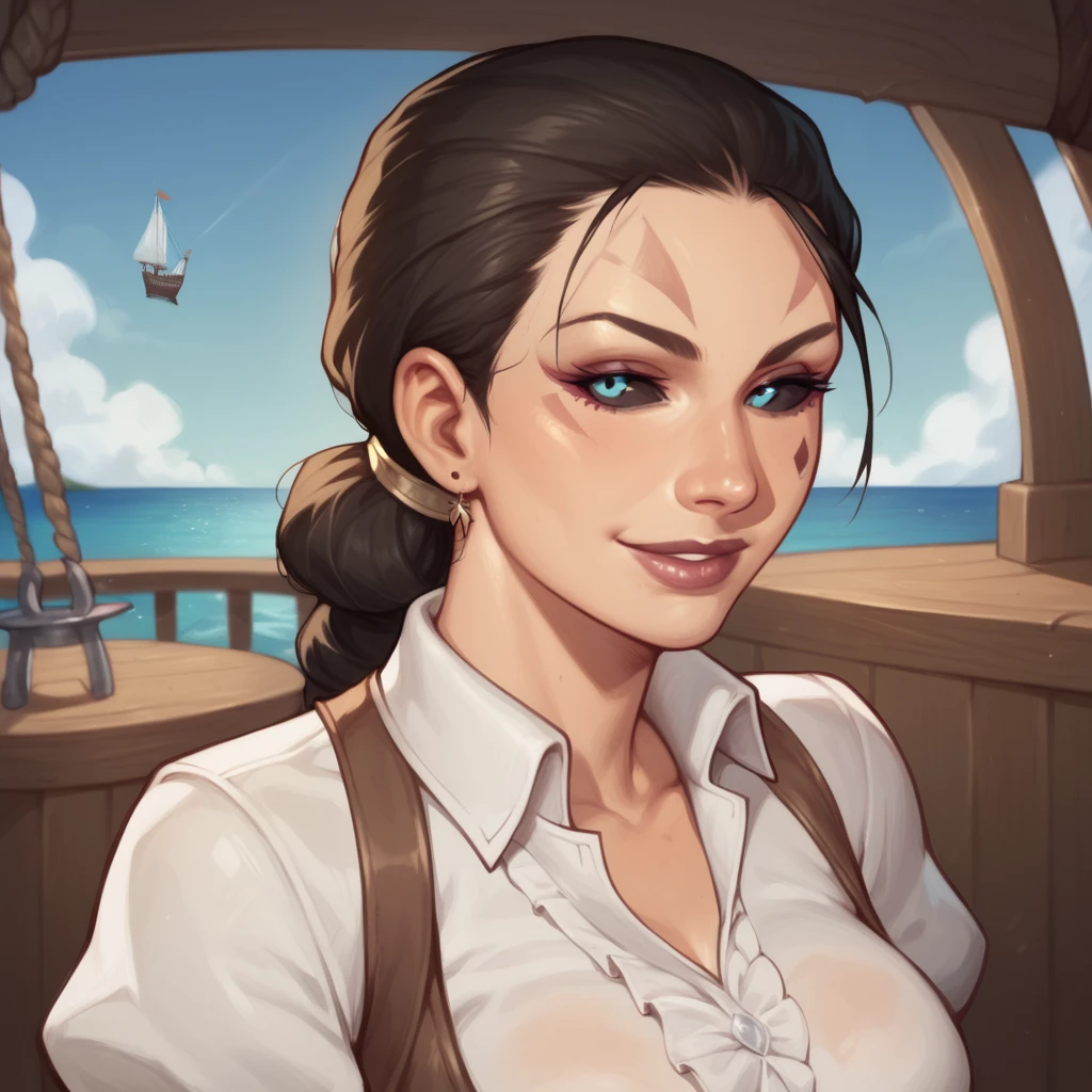 (((beautiful, high quality, comics style, detailed face))), score_9, score_8_up, score_7_up, BREAK, fantasy, female, ashrah, black sclera, ((facial marks)), seductive, smile, (dressed like a Sexy pirate, White Shirt, Long puffy sleeves), female focus, solo:1.4, portrait, upper body, portrait, looking at the viewer, Outside, Huge Ocean in Background, Huge pirate Ship, fantasy, sun on top picture, blurred background, Expressiveh, detailxl