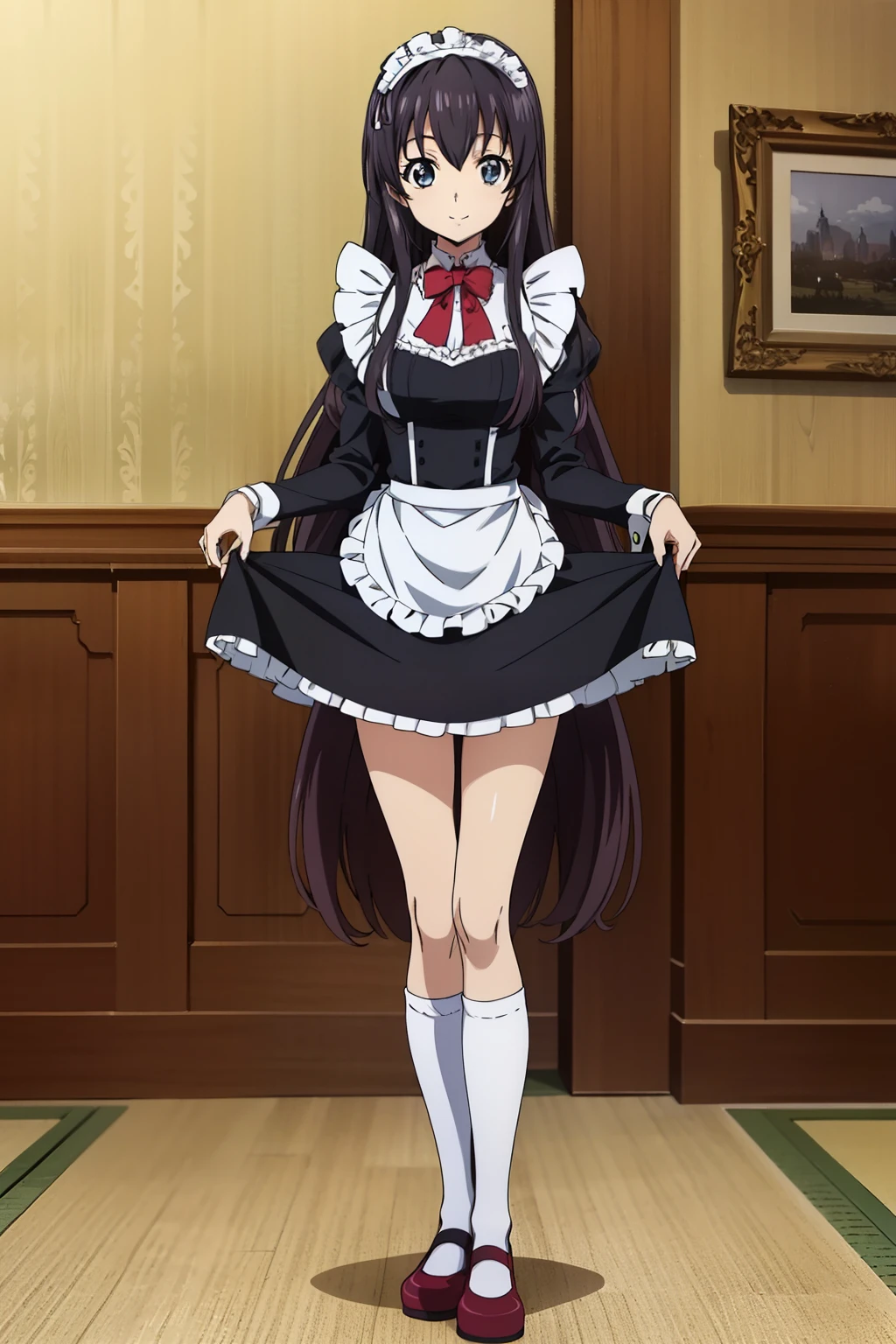 1 girl, cute, black hair, long hair, 髪band, ((lift up skirt)), ((Bowing)), ((knee-high socks)), ((smile)), (Gothic coffee shop), ((maid)), (anime cels style, Masterpiece, best quality, high resolution, anime colored, megami magazine:1.2, anime poster style, anime keyvisual, sharp, 8k, photorealistic), beautiful eyes