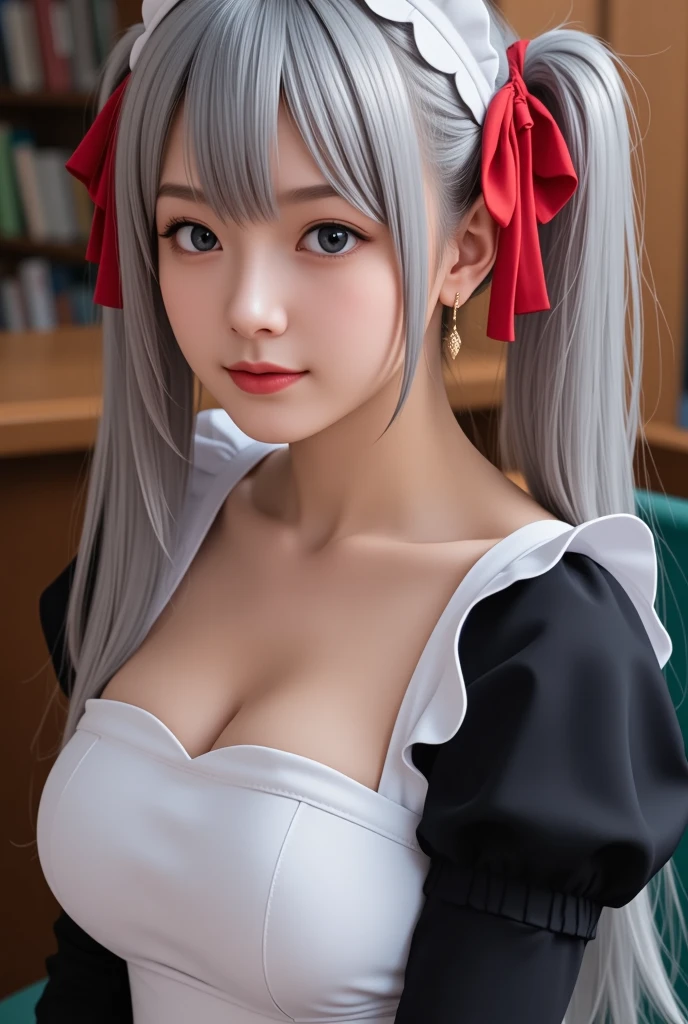 1girl, solo, young girl, emotionless, looking at viewer, upper body, (long hair, gray hair, twin ponytails, hair cover one eye, bangs:1.3), big breasts, cleavage, (maid uniform:1.3), sitting, library background, side view
