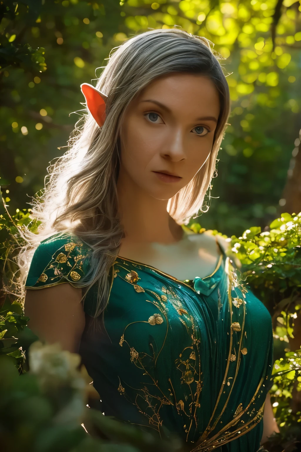 ((close-up face)). Galadriel, a radiant elven queen, standing gracefully in a magical elven forest bathed in soft, ethereal light. She is wearing a flowing green dress adorned with intricate golden embroidery, reminiscent of delicate vines and leaves, perfectly complementing the lush surroundings. Her long, silvery hair cascades over her shoulders, glowing softly in the dappled sunlight filtering through ancient, towering trees. The forest is alive with magical energy, featuring bioluminescent flowers, sparkling streams, and faint, glowing particles floating in the air. Her expression is serene and wise, her piercing eyes reflecting the timeless beauty and wisdom of the elves. The scene is infused with an otherworldly atmosphere, with fine details in the textures of her dress, the bark of the trees, and the vibrant flora. Photorealistic rendering, ultra-high-definition, with dramatic, yet soft lighting highlighting her elegance and the magical ambiance of the forest.