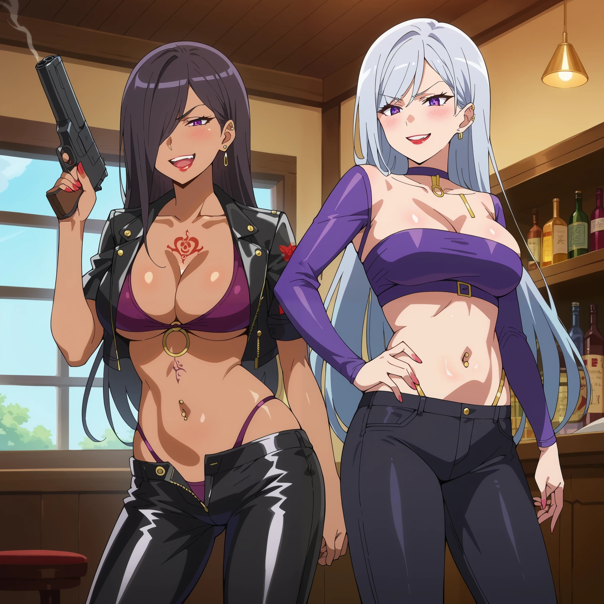 2girls, anime screencap, white skin, large breasts, ear piercing, long hair, blush, lipstick,Hot girl, baddie, bad attitude, mean girl,smoking, sensual, attractive, masterpiece, best quality, highly detailed, indoors, bar background, inside bar, masterpiece, best quality, highly detailed, a girls with a gun, evil smile , open mouth, sexy gaze, badass pose , evil smile, smile, (nsfw) not safe for work, guns blazing, anime girl with long hair, beautiful long haired girl, navel, evil expression, exposed belly, exposed navel, exposed midriff, exposed lower belly, long black pants, crop top, cleavage, unbuttoned leather pants ,open fly, low rise black leather pants, leather jacket, holding a gun, holding pistol, tattoo on body, tattoo midriff, rose tattoo, shiny skin, navel piercing, open arms sideway, arms T-pose, smirk, standing, anime girl T posing