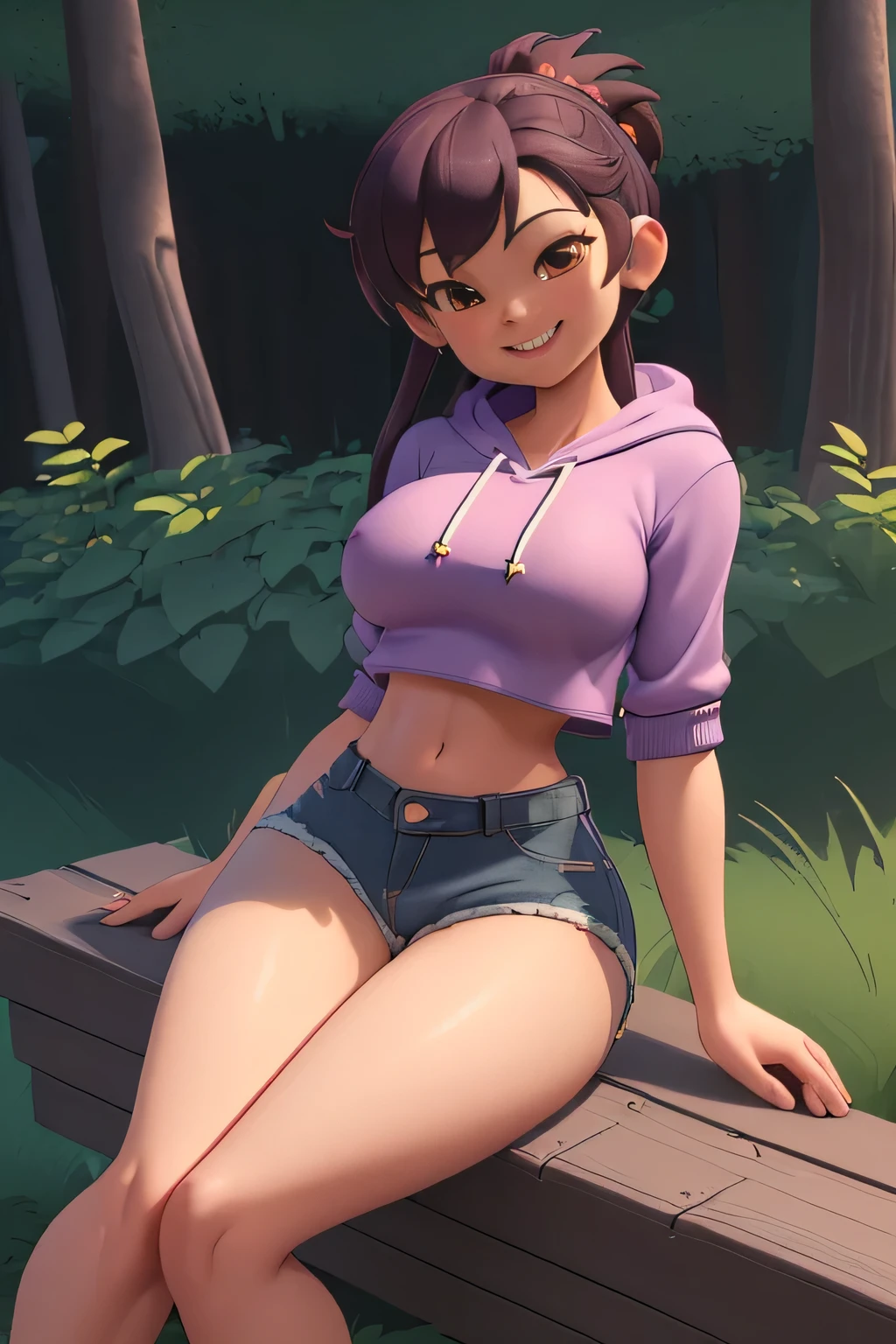 ((nsfw)), high-quality close-up 3d image, smiling, looking-into-camera, masterpiece , high detail, shorts, hoody, in a forest, midriff exposed,( sitting, legs spread out), tight shorts, thicc, tiny denim shorts, chubby thighs, hugs breasts, ((gigantic thighs, tiny tight shorts)), tight shirt