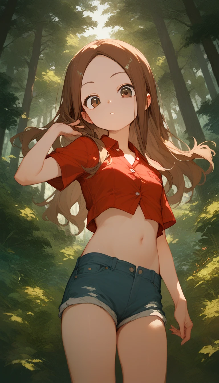 1 girl, takagi san (masterpiece) perfect face, expressive eyes, brown hair, brown hair, brown eyes, long hair, small breasts, red blouse, button up blouse, mini shorts, denim shorts, forest background 