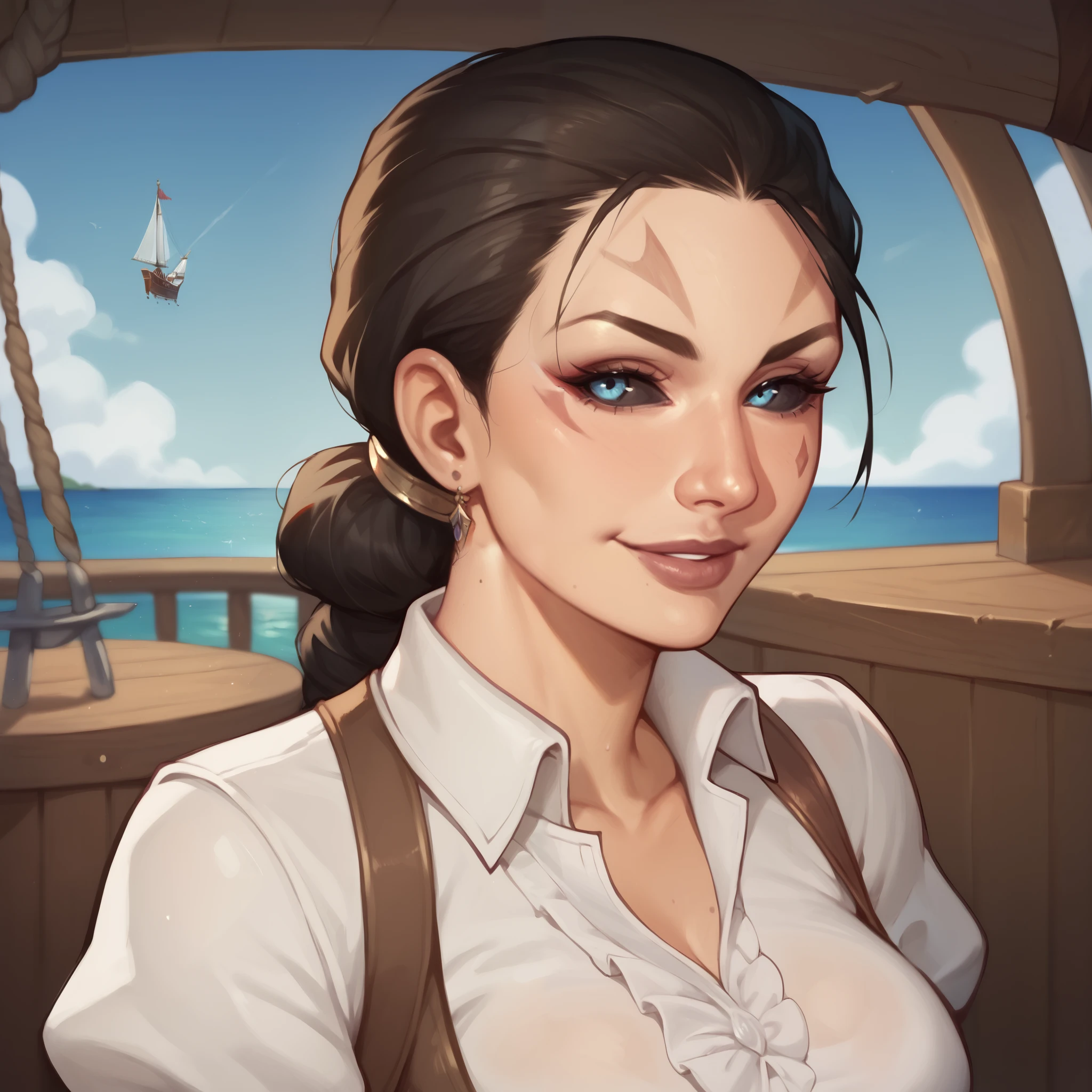 (((beautiful, high quality, comics style, detailed face))), score_9, score_8_up, score_7_up, BREAK, fantasy, female, ashrah, black sclera, ((facial marks)), seductive, smile, (dressed like a Sexy pirate, White Shirt, Long puffy sleeves), female focus, solo:1.4, portrait, upper body, portrait, looking at the viewer, Outside, Huge Ocean in Background, Huge pirate Ship, fantasy, sun on top picture, blurred background, Expressiveh, detailxl