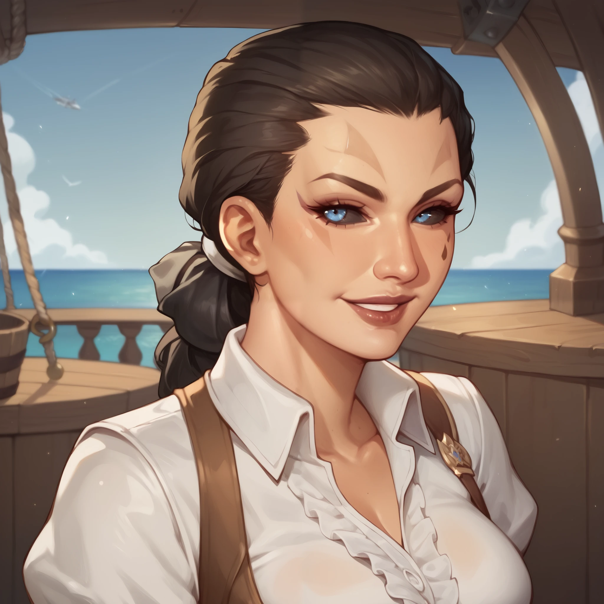 (((beautiful, high quality, comics style, detailed face))), score_9, score_8_up, score_7_up, BREAK, fantasy, female, ashrah, black sclera, ((facial marks)), seductive, smile, (dressed like a Sexy pirate, White Shirt, Long puffy sleeves), female focus, solo:1.4, portrait, upper body, portrait, looking at the viewer, Outside, Huge Ocean in Background, Huge pirate Ship, fantasy, sun on top picture, blurred background, Expressiveh, detailxl