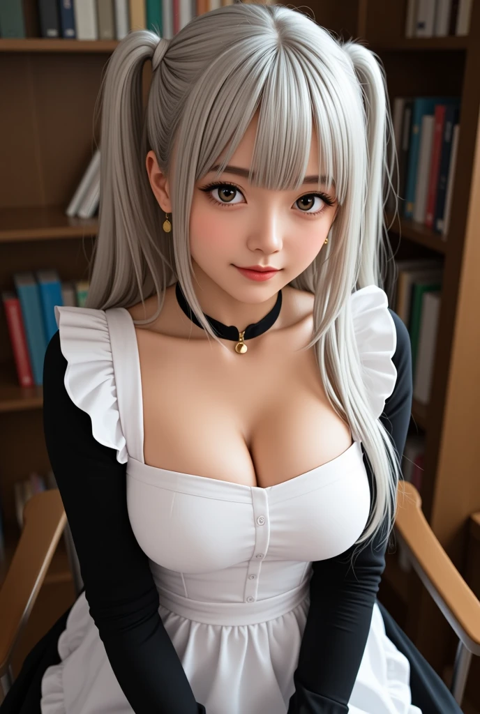 1girl, solo, young girl, emotionless, looking at viewer, upper body, (long hair, gray hair, twin ponytails, hair cover one eye, bangs:1.3), big breasts, cleavage, (maid uniform:1.3), sitting, library background, side view
