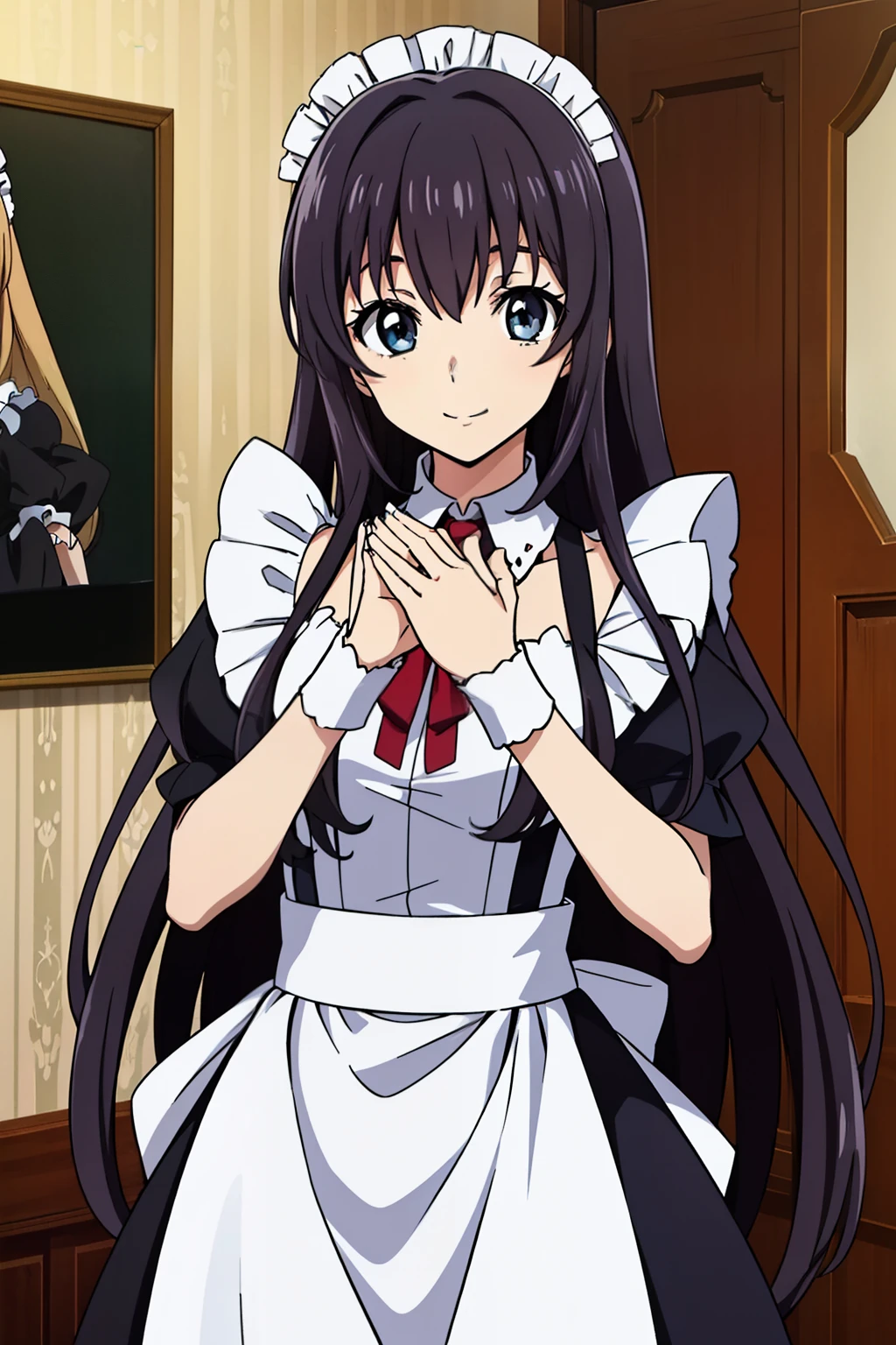 1 girl, cute, black hair, long hair, 髪band, ((lift up skirt)), ((Bowing)),  ((smile)), (Gothic coffee shop), ((maid)), (anime cels style, Masterpiece, best quality, high resolution, anime colored, megami magazine:1.2, anime poster style, anime keyvisual, sharp, 8k, photorealistic), beautiful eyes