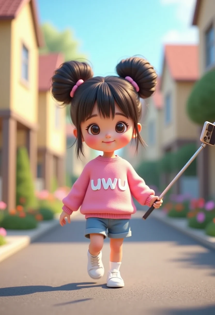 3D animation with vibrant color palette, a girl, cute and adorable with her hair into two buns on top and bangs, beautiful cute girl, cheeks flushed, wearing  a pink sweater with "uwu" printed on the front with white color, blue shorts, walking while holding a selfie stick, iphone photo selfie of a girl, from above, fish eyes lens, perfect eyes