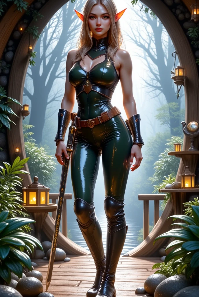 The goddess of the Elves in lightweight leather armor Stands with a sword on her belt A beautiful Patterned Yatanga sword in a sheath on her belt,  Beautiful forest tree house of unusual shape, round, similar to a bend , magical and Beautiful Landscape , 8 k,  complex details , bright colors,  best quality, masterpiece,