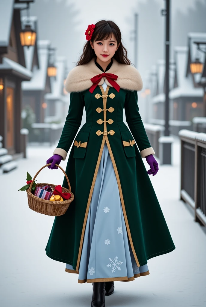  A beautiful picture of a young woman walking gracefully through a snowy village .  She has an elegant deep green coat 、Carefully crafted down to the last detail, With gold embroidery,  fur trim ,  has a striking crimson ribbon on her collar .  Her flowing light blue skirt has a snowflake pattern , It blends perfectly with a winter paradise .  The young woman with a small ornament is holding a basket with festive gifts ,  with a red ribbon and green decorations ,  has a lantern that emits warm light , Inviting Sparkle.  with flowers and flowers on her flowing curly hair ,  and she wears black boots and purple gloves to withstand the cold.  The overall atmosphere is magical and enchanting ,  captures the essence of a winter night in a snowy village .# super high resolution, Ultra-high transparency, High Quality ,8k resolution 