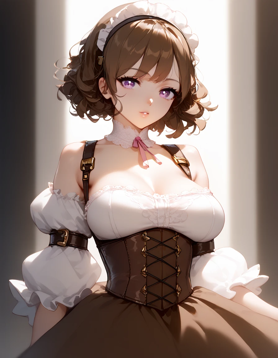 1girl, solo, high resolution, good quality, high details, chin-lenght hair, short hair, fluffy hair, brown hair with bangs, light purple eyes, simple white lace underdress, off-shoulders, underbust corset, brown leather corset, long sleeves, puffy sleeves, large breasts, doe eyes, petite, adorable, very cute, historical