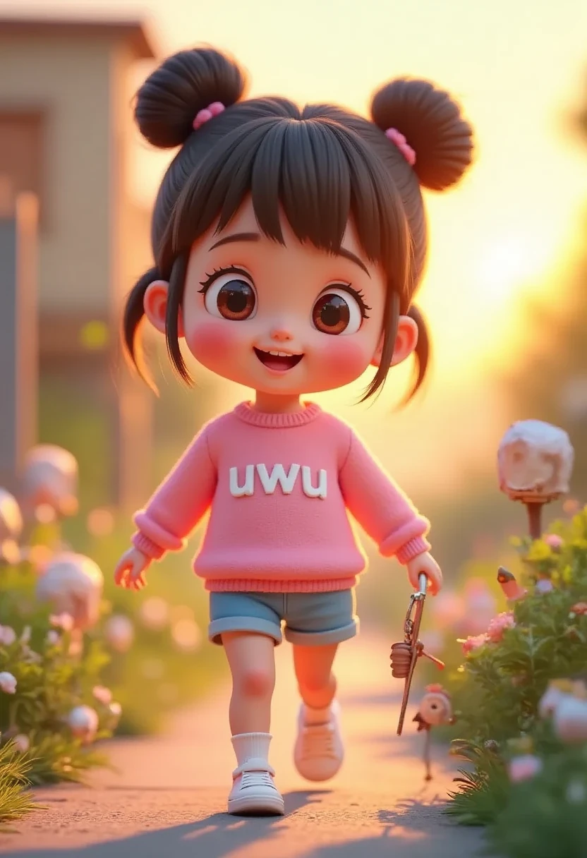 3D animation with vibrant color palette, a girl, cute and adorable with her hair into two buns on top and bangs, beautiful cute girl, cheeks flushed, wearing  a pink sweater with "uwu" printed on the front with white color, blue shorts, walking while holding a selfie stick, iphone photo selfie of a girl, from above, fish eyes lens, perfect eyes