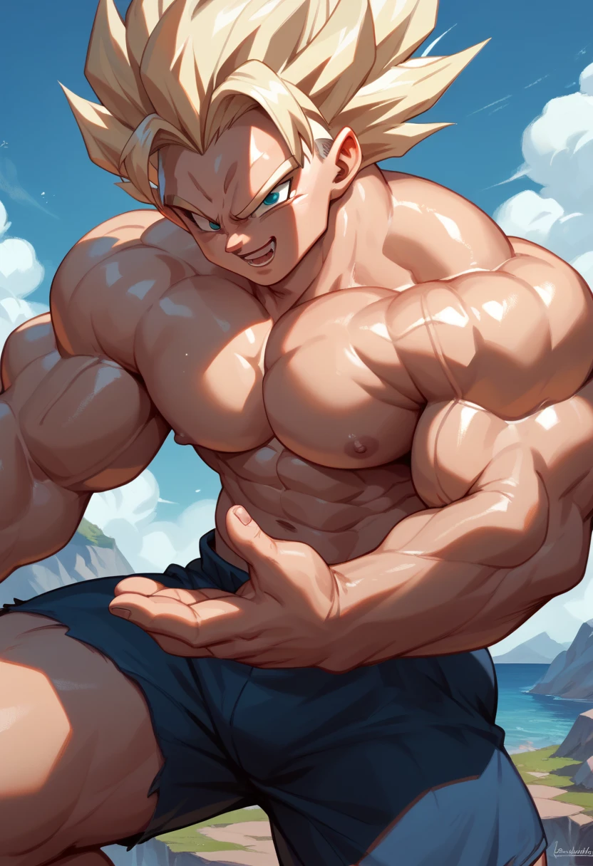  top quality,Anatomical, Big Muscles , Vegeta and Kogenta mix,Demon Body,Sexually attractive gestures,shiny skin, glowing skin, taken over by the devil , He smiles wickedly .,