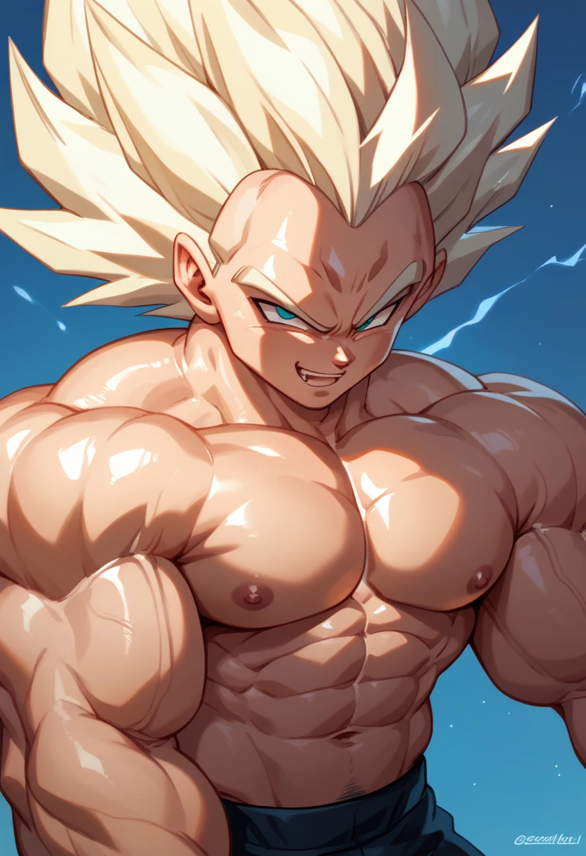  top quality,Anatomical, Big Muscles , Vegeta and Kogenta mix,Demon Body,Sexually attractive gestures,shiny skin, glowing skin, taken over by the devil , He smiles wickedly .,