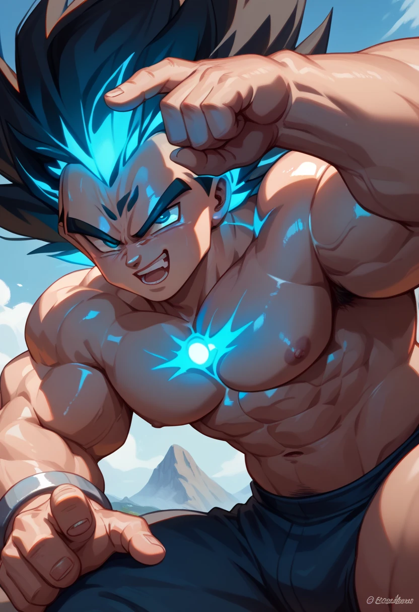  top quality,Anatomical, Big Muscles , Vegeta and Kogenta mix,Demon Body,Sexually attractive gestures,shiny skin, glowing skin, taken over by the devil , He smiles wickedly .,