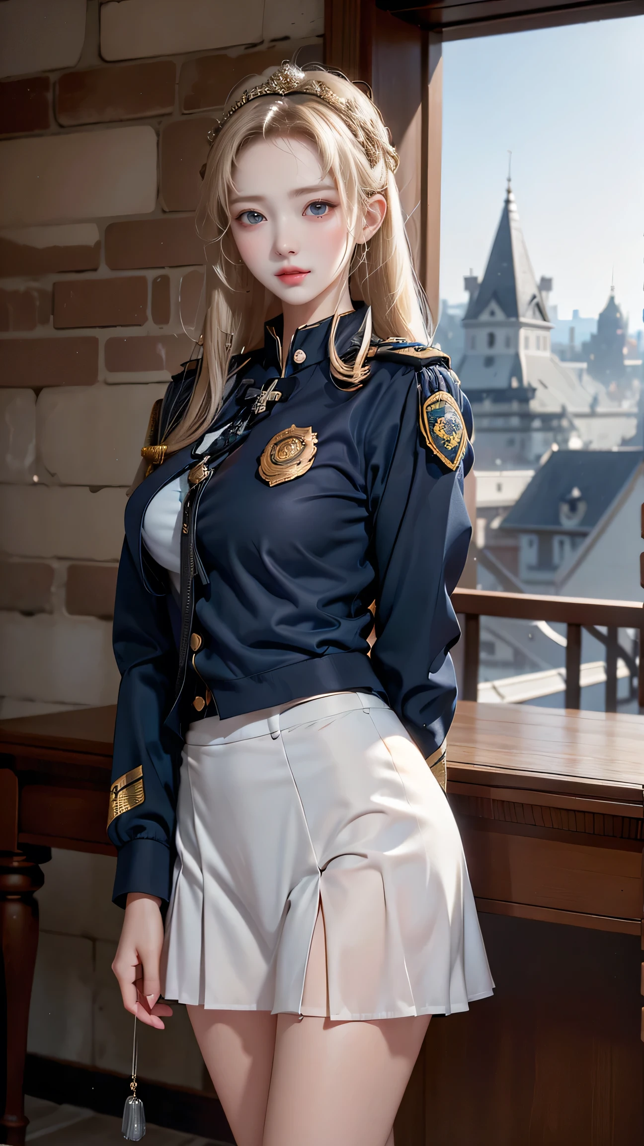 ((A policewoman standing in front of a brick wall)),Highest quality work,Live-action work,Ultra Premium Graphics,8K HD CG Works,High Quality Graphics,High-definition CG works,10x pixels,Ultra-fine detail：1.1,High level of technical detail：1.1 Photorealistic,Natural light：1.5. Lighting Effects（Virtual Lighting Effects：1． 8）、（Golden White Shorthair）、（Bob Hair）、Thin eyebrows、High nose、Nice red lips、Rose Cheek、Casual makeup face、Cute Face、Perfectly balanced face、Light-toned foundation。 A foundation that enhances the transparency of your skin。 ((female officer:1.5)),((Navy blue jacket with emblem on chest)),((Semi-transparent light blue blouse)),((Navy blue tight skirt))。40k, photograph, On the table, Highest quality, Rain Background, ((1.A girl with beautiful eyes and light hair, White skin, Mr.A Pose.((Medium ::1.1)), Highest quality, On the table, Ultra-high resolution, (Real::1.4), RAWphotograph, (Perfect figure), (slim::1. 3), Slim abdomen, Perfect slim figure, Dynamic Pose, one person, Cold light 12000K, Fine face and skin texture, Fine grain, Realistic eyes, Beautiful fine grain, (real skin), charm, Ultra-high resolution, surreal, Very fine,Long legs、High heels、（Smile）、（I see white panties、