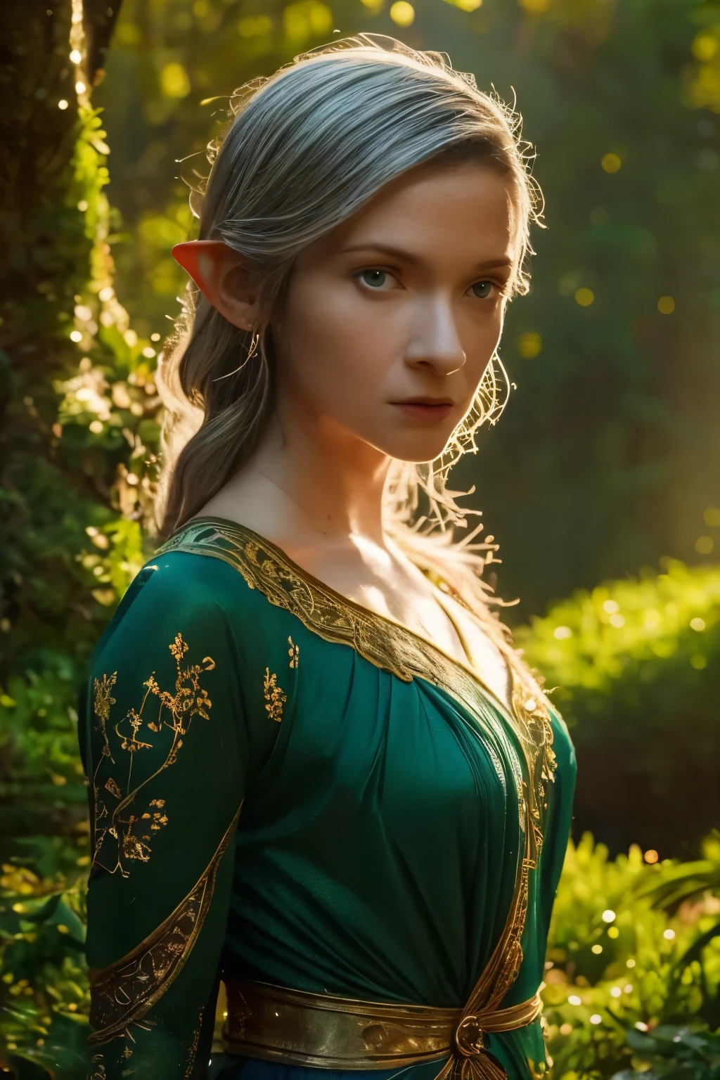 ((close-up face)). Galadriel, a radiant elven queen, standing gracefully in a magical elven forest bathed in soft, ethereal light. She is wearing a flowing green dress adorned with intricate golden embroidery, reminiscent of delicate vines and leaves, perfectly complementing the lush surroundings. Her long, silvery hair cascades over her shoulders, glowing softly in the dappled sunlight filtering through ancient, towering trees. The forest is alive with magical energy, featuring bioluminescent flowers, sparkling streams, and faint, glowing particles floating in the air. Her expression is serene and wise, her piercing eyes reflecting the timeless beauty and wisdom of the elves. The scene is infused with an otherworldly atmosphere, with fine details in the textures of her dress, the bark of the trees, and the vibrant flora. Photorealistic rendering, ultra-high-definition, with dramatic, yet soft lighting highlighting her elegance and the magical ambiance of the forest.