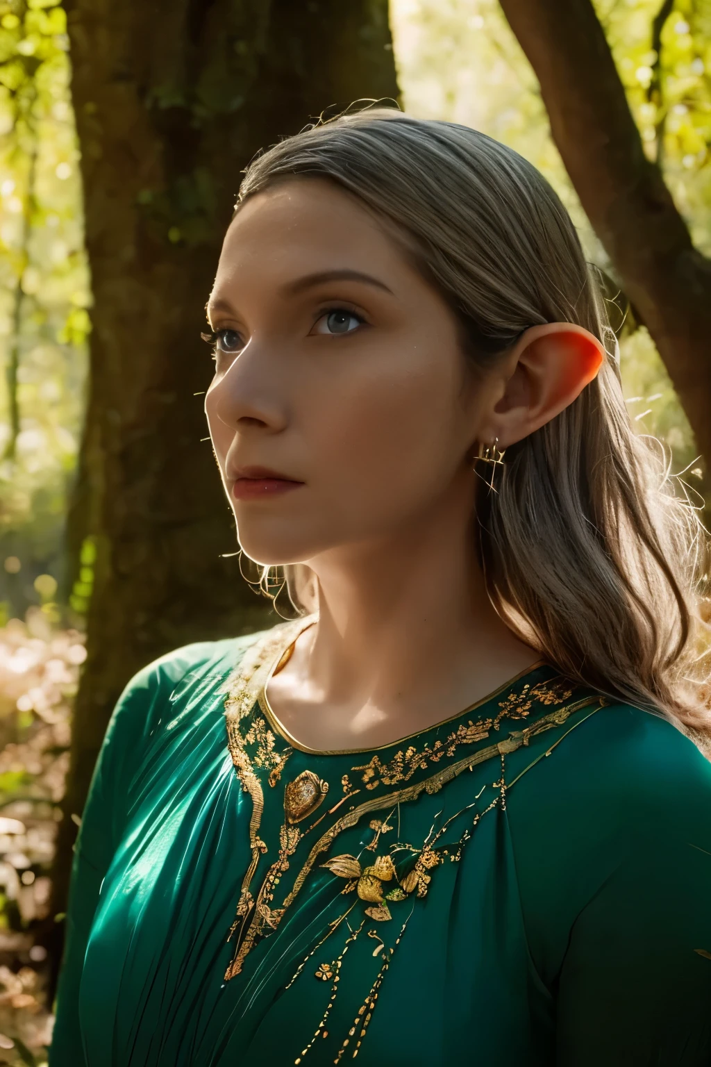 ((close-up face)). Galadriel, a radiant elven queen, standing gracefully in a magical elven forest bathed in soft, ethereal light. She is wearing a flowing green dress adorned with intricate golden embroidery, reminiscent of delicate vines and leaves, perfectly complementing the lush surroundings. Her long, silvery hair cascades over her shoulders, glowing softly in the dappled sunlight filtering through ancient, towering trees. The forest is alive with magical energy, featuring bioluminescent flowers, sparkling streams, and faint, glowing particles floating in the air. Her expression is serene and wise, her piercing eyes reflecting the timeless beauty and wisdom of the elves. The scene is infused with an otherworldly atmosphere, with fine details in the textures of her dress, the bark of the trees, and the vibrant flora. Photorealistic rendering, ultra-high-definition, with dramatic, yet soft lighting highlighting her elegance and the magical ambiance of the forest.