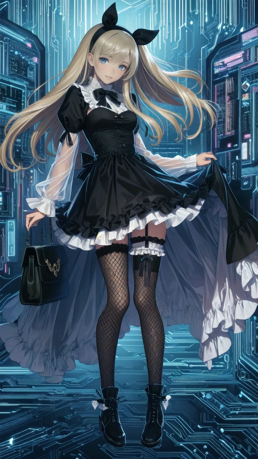 ((32K)), (( top quality)), ((  ultra high resolution)), (( high definition )), ((超 high definition )), (( Highly Detailed CG)), ((unity 32K wallPaPer)),  1 girl , Alone,  long hair,  viewers, , smile, bangs,  blue eyes,  blond hair , Thigh length,  Long Sleeve ,  dress, bow, holding,  standing, whole body, hair bow, heart,  headband,  boots, frills,  close one eye, shoes, tongue, socks, striPed, tongue out, blunt bangs, bag, Black footwear, two side uP, black bow, garter straPs,  plush, frilled  dress,  plush, Single Thigh High,  fishnet tights, Puffy  Long Sleeve ,  Asymmetric Leggings , **** Tafono , PurPle bow, handbag,  Ragged Legwear ,  Crossed String Clothes , fishnet Thigh length, ;P,
