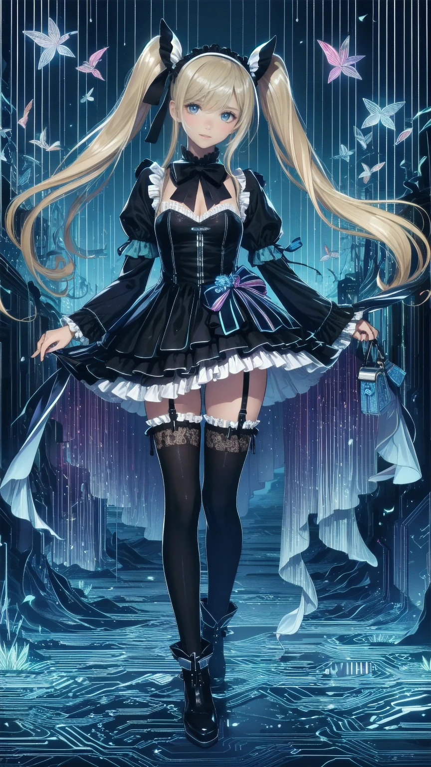 ((32K)), (( top quality)), ((  ultra high resolution)), (( high definition )), ((超 high definition )), (( Highly Detailed CG)), ((unity 32K wallPaPer)),  1 girl , Alone,  long hair,  viewers, , smile, bangs,  blue eyes,  blond hair , Thigh length,  Long Sleeve ,  dress, bow, holding,  standing, whole body, hair bow, heart,  headband,  boots, frills,  close one eye, shoes, tongue, socks, striPed, tongue out, blunt bangs, bag, Black footwear, two side uP, black bow, garter straPs,  plush, frilled  dress,  plush, Single Thigh High,  fishnet tights, Puffy  Long Sleeve ,  Asymmetric Leggings , **** Tafono , PurPle bow, handbag,  Ragged Legwear ,  Crossed String Clothes , fishnet Thigh length, ;P,
