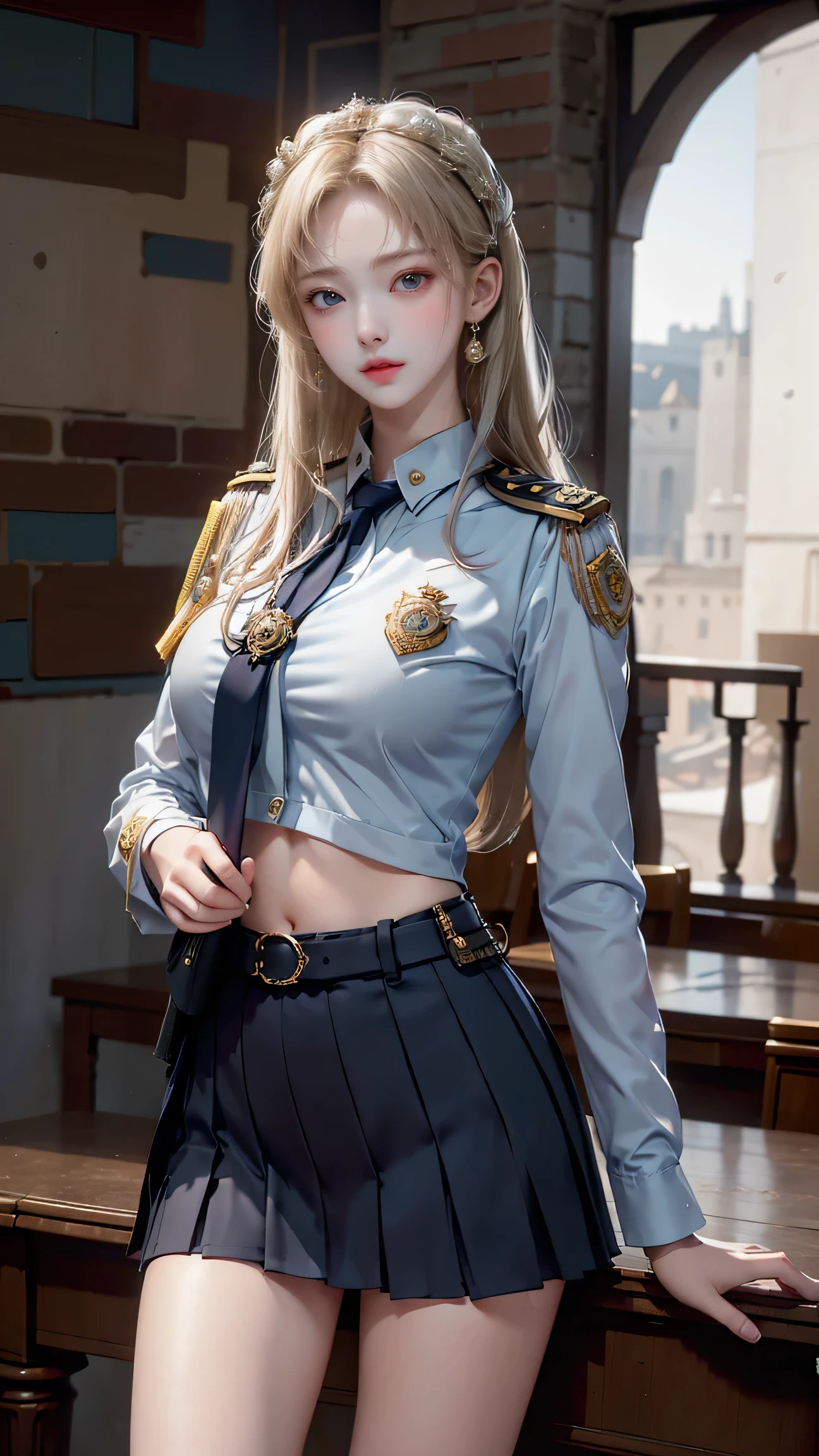 ((A policewoman standing in front of a brick wall)),Highest quality work,Live-action work,Ultra Premium Graphics,8K HD CG Works,High Quality Graphics,High-definition CG works,10x pixels,Ultra-fine detail：1.1,High level of technical detail：1.1 Photorealistic,Natural light：1.5. Lighting Effects（Virtual Lighting Effects：1． 8）、（Golden White Shorthair）、（Bob Hair）、Thin eyebrows、High nose、Nice red lips、Rose Cheek、Casual makeup face、Cute Face、Perfectly balanced face、Light-toned foundation。 A foundation that enhances the transparency of your skin。 ((female officer:1.5)),((Navy blue jacket with emblem on chest)),((Semi-transparent light blue blouse)),((Navy blue tight skirt))。40k, photograph, On the table, Highest quality, Rain Background, ((1.A girl with beautiful eyes and light hair, White skin, Mr.A Pose.((Medium chest::1.1)), Highest quality, On the table, Ultra-high resolution, (Real::1.4), RAWphotograph, (Perfect figure), (slim::1. 3), Slim abdomen, Perfect slim figure, Dynamic Pose, one person, Cold light 12000K, Fine face and skin texture, Fine grain, Realistic eyes, Beautiful fine grain, (real skin), charm, Ultra-high resolution, surreal, Very fine,Long legs、High heels、（Smile）、（I see white panties、