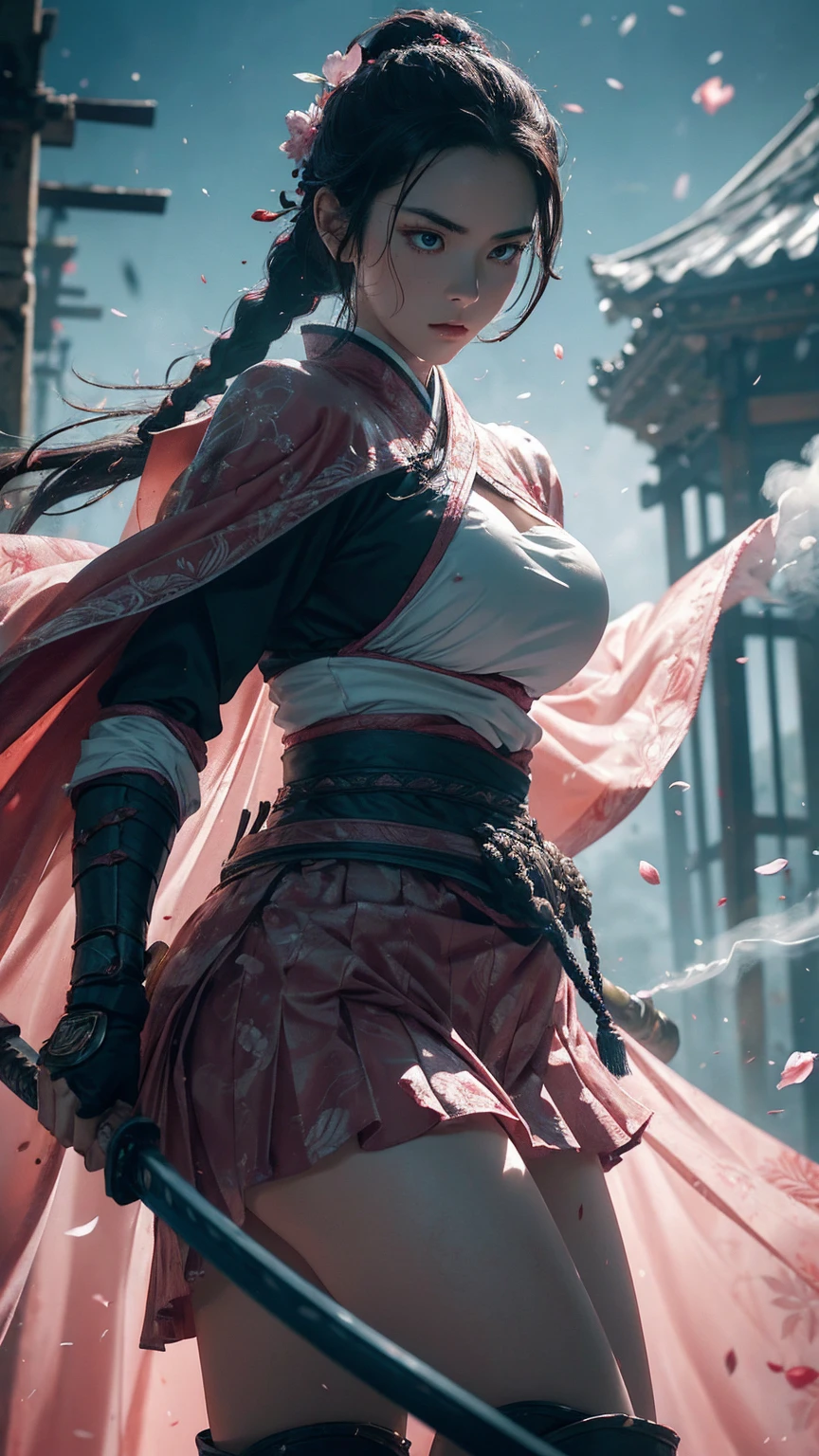 A sexy female character wearing pink armor as a warrior from the Sengoku period、((french braid hair))、((onyx black hair))、((toned body))、(glistening skin)、 toned body、((mega breasts 1.8))、 plump breasts 、 plump thighs 、 The pink armor with the camellia pattern engraved on it is a bikini type and is designed to emphasize chest exposure、( Wear a cloak with a camellia flower pattern )、peplum skirt、 purple shin guard with a camellia flower engraved on it 、White high-leg underwear 、White tights、 absolute domain、,Dramatic lighting,cracked armor,  complex details,A defeated battle,Fading glory,Ghostly shadow,misty background,A face beneath a mask,A stately helmet,figure,Rising smoke,Curse of fate,Gloomy ruins,A stately composition,Military honor,Soledad,Fire fighting,Ominous Presence,Ash and smoke,Blood-stained earth,Worn armor,Determination,Glyph of Courage,The end of the Samurai era,Devastated Battlefield, Standing in the middle of a battlefield [A dull color palette],[Light tones],[An intrusive atmosphere:0.9]