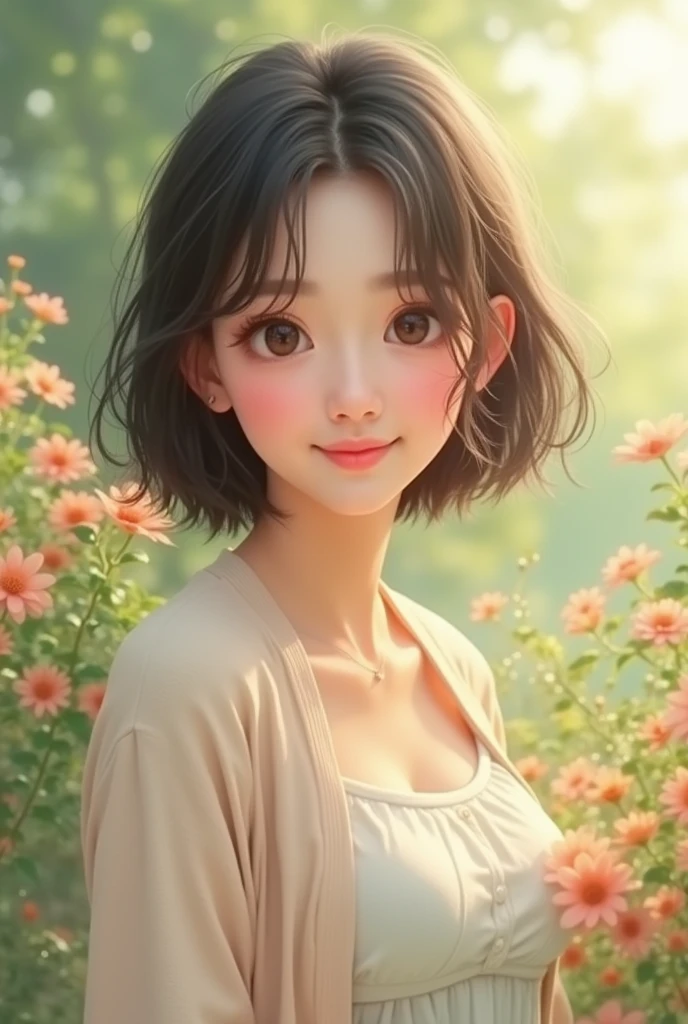 ((highest quality、masterpiece))、RAW photo、8k、highest quality、 超A high resolution、Beautiful face in every detail、realistic human skin、gentle expression、View from the front、(((When I look into the lens:1.2、close-up photo of face、smile mischievously)))、(short hair:1.5)、(small breasts:1.5)、small breasts、(((hair blowing in the wind、messy hair)))、realistic、Photoreal、cute、summer、garden、white dress、