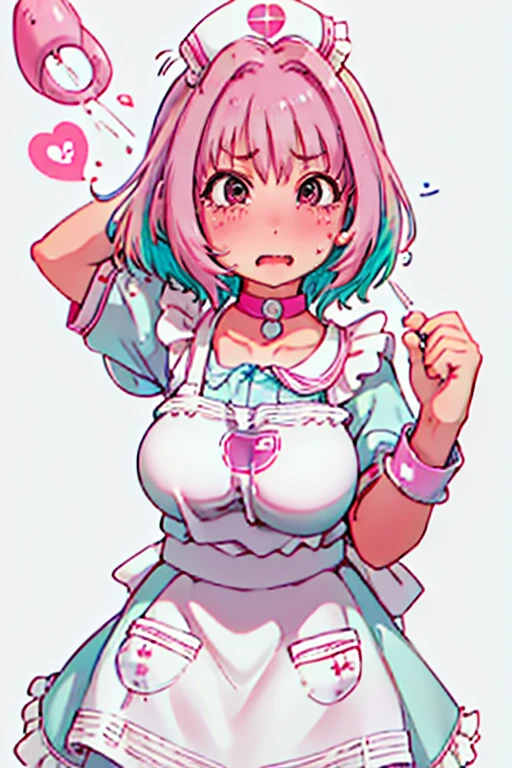  top quality,  Masterpiece  ,  high definition , Alone, {Yumemi_riamu_ The Idolmaster Cinderella Girls:1.15},  pink_hair, Multicolor_hair, two-tone_hair, 前hair, green_hair,  pink_eye, short_hair, Ahoge, hair_Intake, , chest, open_mouth, big_chest, tooth, heart, clavicle, gem,  1 girl ,  choker, frills, hin,  watching _in_ viewer, nurse_ cap, short_sleeve, white_background, wrist_cuffs, apron,  dress, hair_between_eye, ふくらんinいる_short_sleeve, ふくらんinいる_sleeve, Simple_background, upper_body, white_apron, arm_up, armband, heart_printing、,(Crying face,Look at me,mouthを開けて,,,,,, From below, ,, ((( Big Breasts))),  、  feels ecstasy behind 、Raped by a man、 I want a cock 、 share、Dripping pussy juice、
