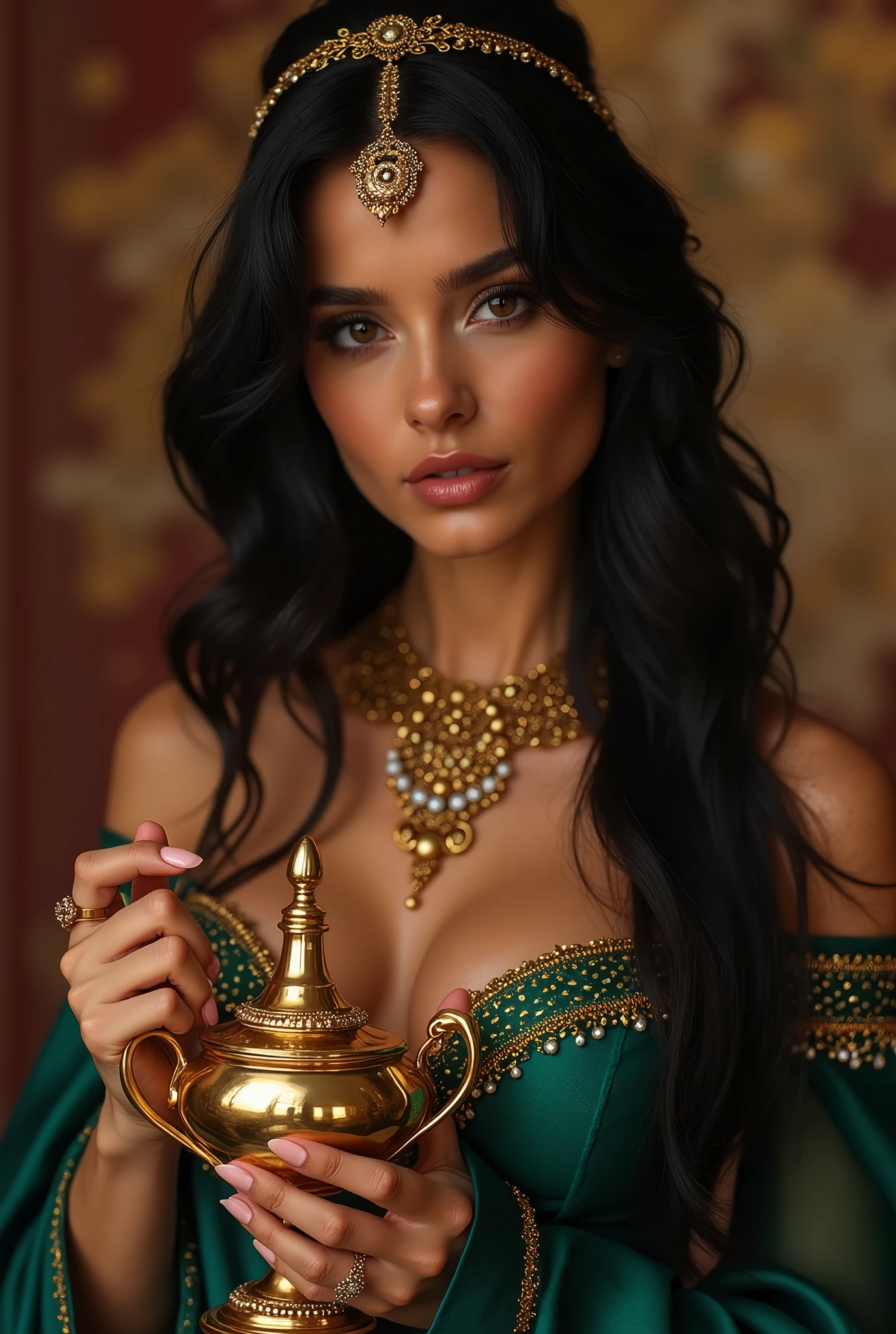 ultra realistic, photography, long black straight hair, elegant hair, (30 years old, hazel eyes, hourglass figure, perfect fit body, natural big breasts), femme fatale, Princess jasmine costume, oriental background, holding the magic lamp from aladdin, rubbing the magic lamp from aladdin