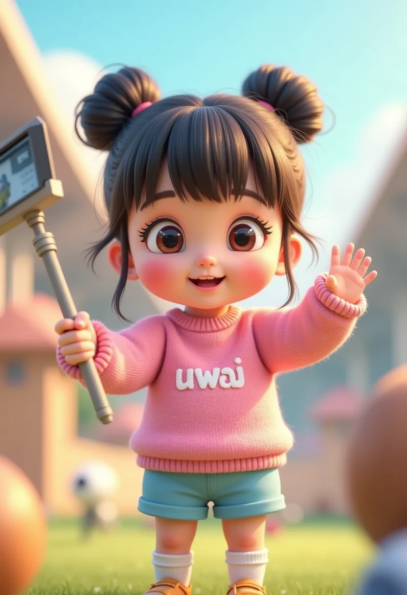 3D animation with vibrant color palette, a girl, cute and adorable with her hair into two buns on top and bangs, beautiful cute girl, cheeks flushed, wearing a pink sweater with "uwu" printed on the front with white color, blue shorts, ((invisible feet)) stand while holding a selfie stick, iphone photo selfie of a girl, from above, fish eyes lens, perfect eyes