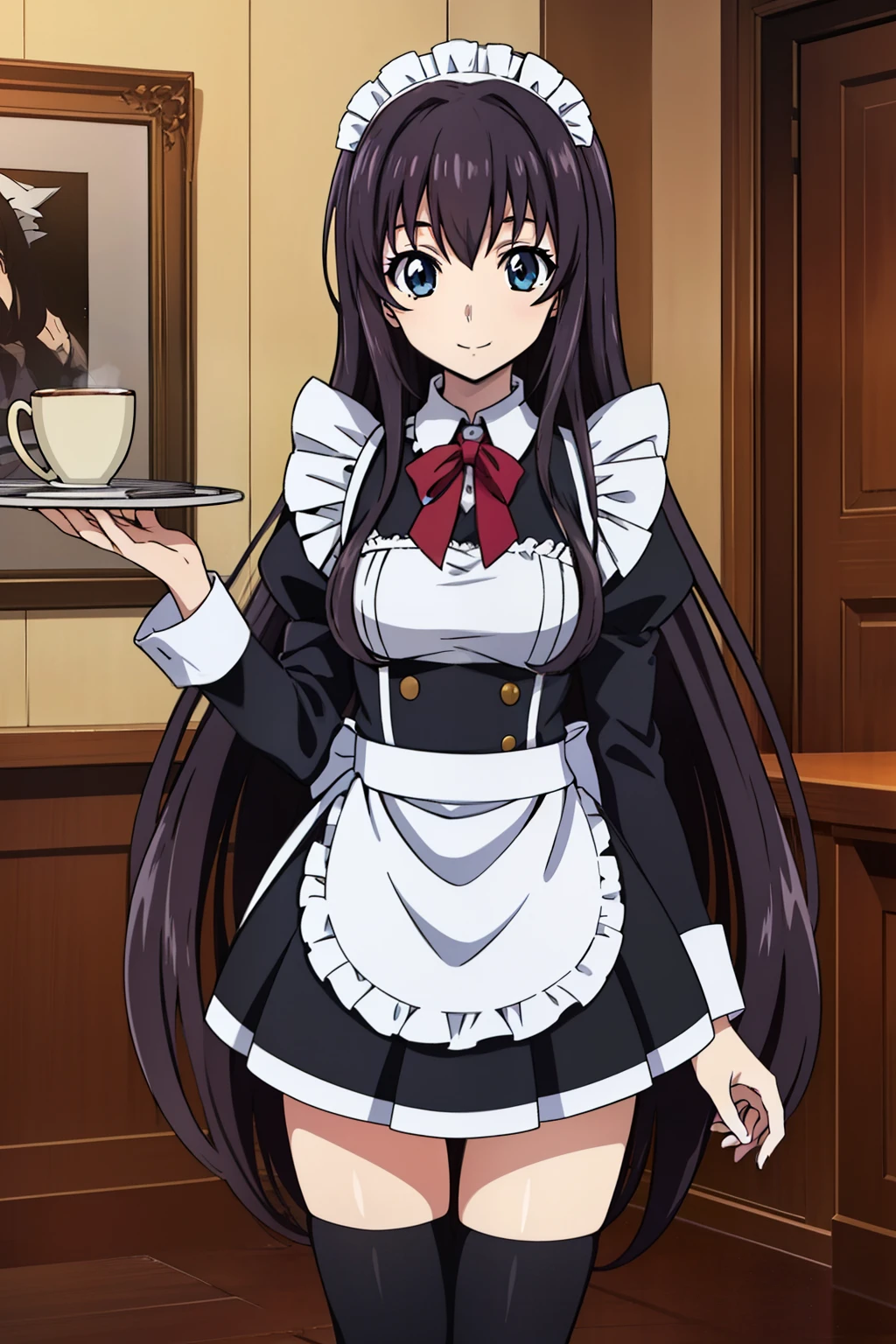 1 girl, cute, black hair, long hair, 髪band, lift up skirt, ((Holding a tray with a cup of coffee on it with both hands)), ((knee-high socks)), Beautiful leg, (smile), (Gothic coffee shop), ((maid)), (anime cels style, Masterpiece, best quality, high resolution, anime colored, megami magazine:1.2, anime poster style, anime keyvisual, sharp, 8k, photorealistic), beautiful eyes