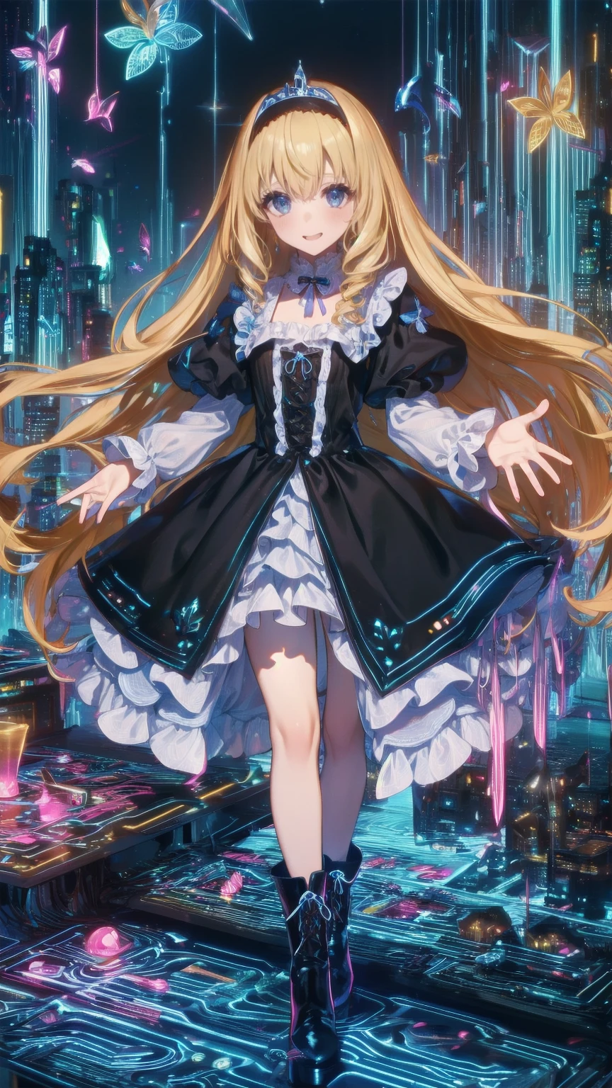 ((32K)), (( top quality)), ((  ultra high resolution)), (( high definition )), ((超 high definition )), (( Highly Detailed CG)), ((unity 32K wallPaPer)),  1 girl , Alone,  long hair,  viewers, , smile, bangs,  blue eyes,  blond hair , Thigh length,  Long Sleeve ,  dress, bow, holding,  standing, whole body, hair bow, heart,  headband,  boots, frills,  close one eye, shoes, tongue, socks, striPed, tongue out, blunt bangs, bag, Black footwear, two side uP, black bow, garter straPs,  plush, frilled  dress,  plush, Single Thigh High,  fishnet tights, Puffy  Long Sleeve ,  Asymmetric Leggings , **** Tafono , PurPle bow, handbag,  Ragged Legwear ,  Crossed String Clothes , fishnet Thigh length, ;P,
