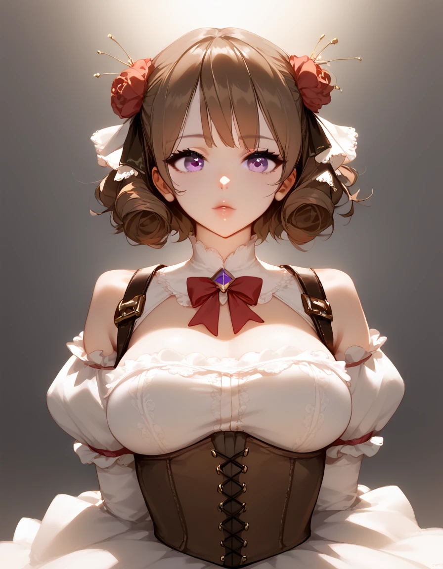 1girl, solo, high resolution, good quality, high details, chin-lenght hair, short hair, fluffy hair, brown hair with bangs, light purple eyes, simple white lace underdress, off-shoulders, underbust corset, brown leather corset, long sleeves, puffy sleeves, large breasts, doe eyes, petite, adorable, very cute, historical