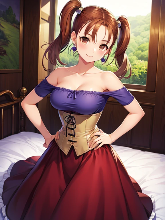   Masterpiece  ,  top quality,  detailed face ,  beautiful eyes,  high definition ,Anime Painting、 detail eyes:1.5. Alone,  Standing Smiling ,((twin tail))、pale chestnut hair、 Brown Eyes 、
, , (( bright purple off-shoulder shirt on a gorgeous bed,  Strapless Dress,  corset)), putting hands on hips ,  earrings for a woman alone, belt, Vertical Forest 、grassland、Four Corners,  Show in
 