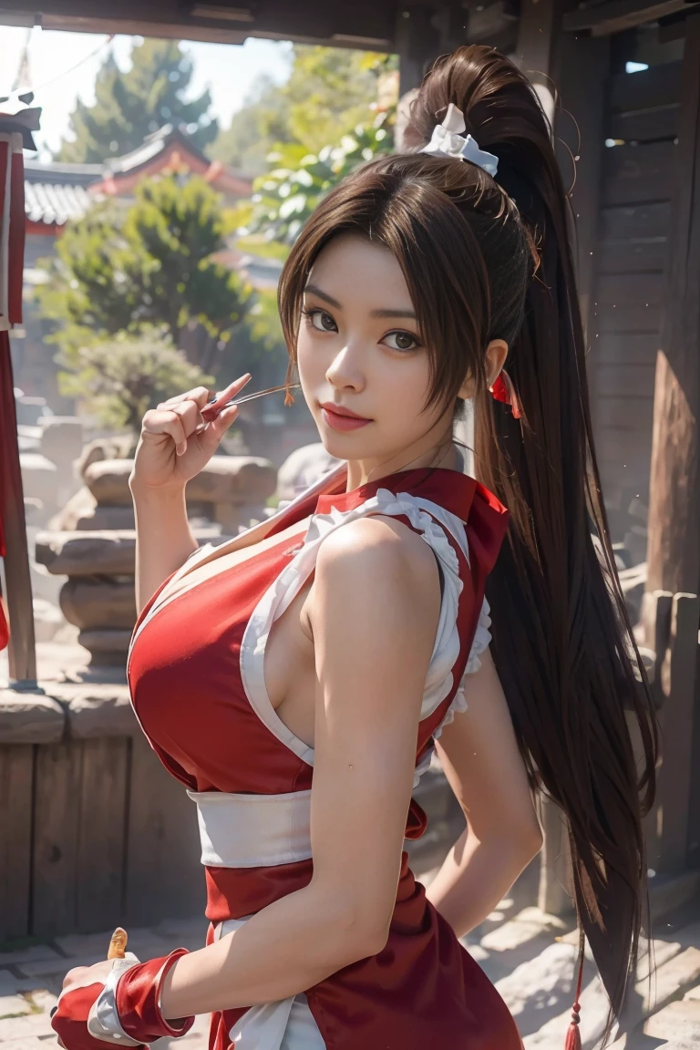 Mai Shiranui  ,   Brown Eyes  ,   Japanese Beauty，smile long hair,  brown hair, ( red clothes:1.3)，super Big Breasts，   sleeveless,   ponytail ,  pelvic curtains , Arm guard,  gloves, or，full的胸部，   Seductive Expression  , Sexy Eyes, Big Breasts, smile,   amazing,   viewer,  long hair, (  Bust Focus :1.2), (:1.2), (Panorama: 1.2), (  realism), (  Masterpiece  :1.2), ( top quality), ( super detailed), (8k, 4K,  complicated), (85mm), light particles, light, (  very detailed:1.2), (  detail face :1.2), (  gradation for 1 person), sfv, rich and colorful, flower(  delicate eyes full of determination:1.2), (solid color background: 1.2),(   detailed background  ), (  dynamic angles in crowded Kyoto :1.2), ( dynamic pose with ladle:1.2), (   action line  :1.2),  Wide Angle Lens , Big Breasts，Big Breasts，crowd，full，幸せなsmile，full的，  perfect eye details  ，cute