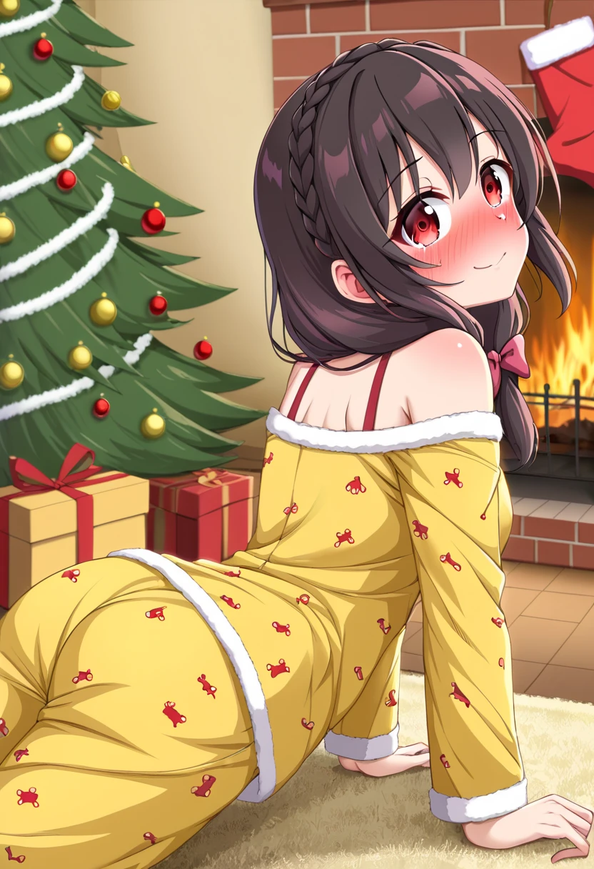 yunyun、masterpiece, top quality,  high definition ,(One person), Yunyun、  crown braid the same color as the hair,  black hair、 red eyes、 hair accessories , (yellow pajamas with open shoulders )、Pajamas with black shorts 、 big-breasted 、(blush)、( Christmas tree :1.2)、Looking up、( embarrassed smile )、View the viewer、Looking Back、fireplace