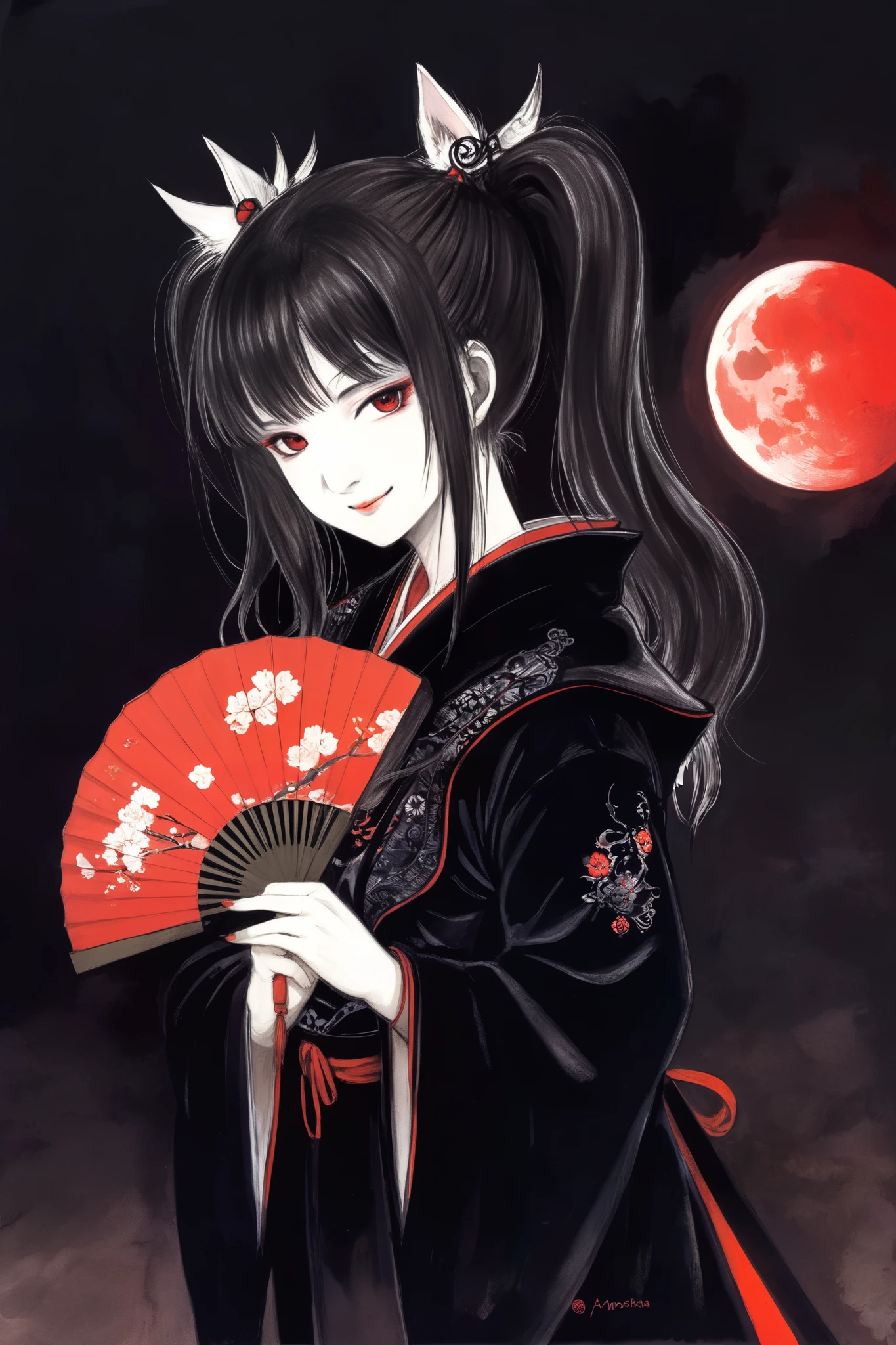 by Yoshitaka Amano, (Broad lighting),  low key lighting , Picturesque, dark(  fantasy art , (Yoshitaka Amano)), (Full-length portrait of a woman, moak,  black twin tail hair, smile), Shrine Stage, (Red Moon, Black kimono , Red accents), Cherry blossom fan ,  1 white fox